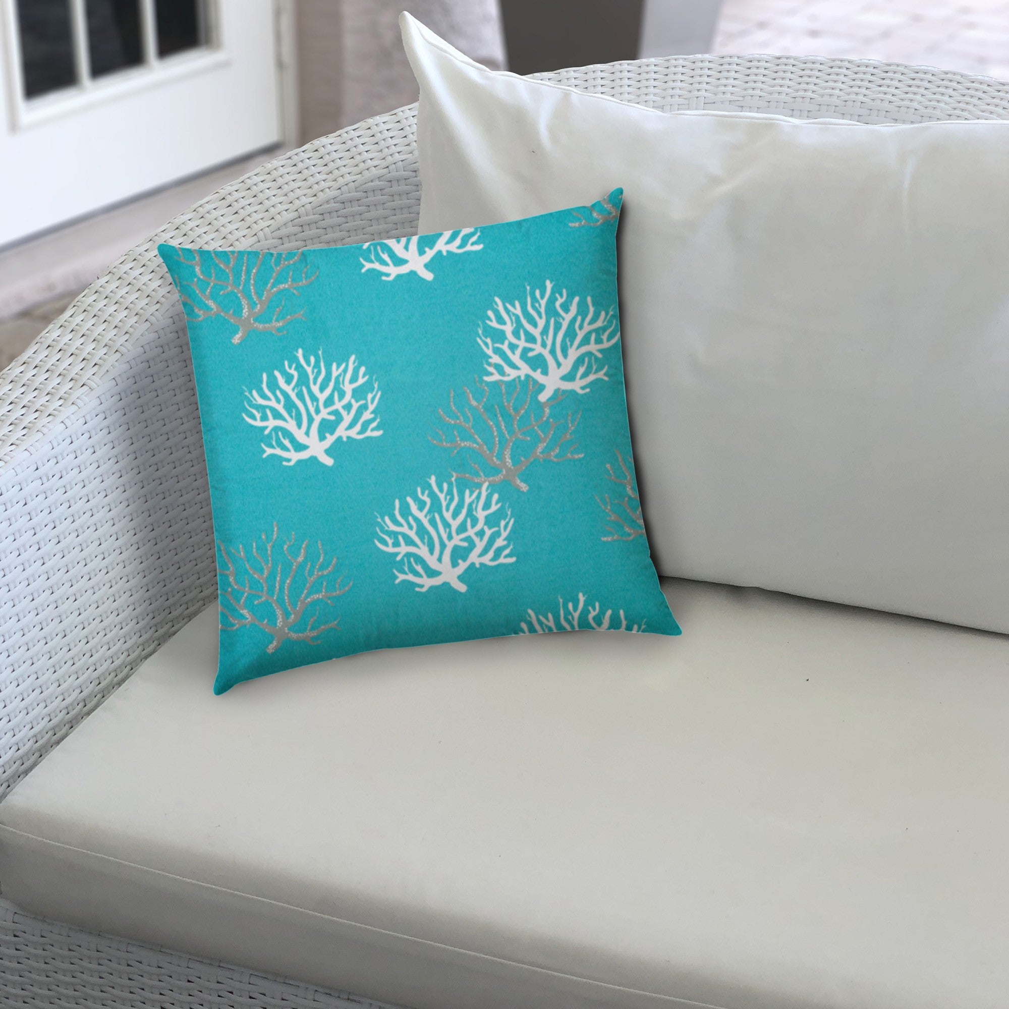 20" Aqua Gray and White Coral Indoor Outdoor Throw Pillow Cover