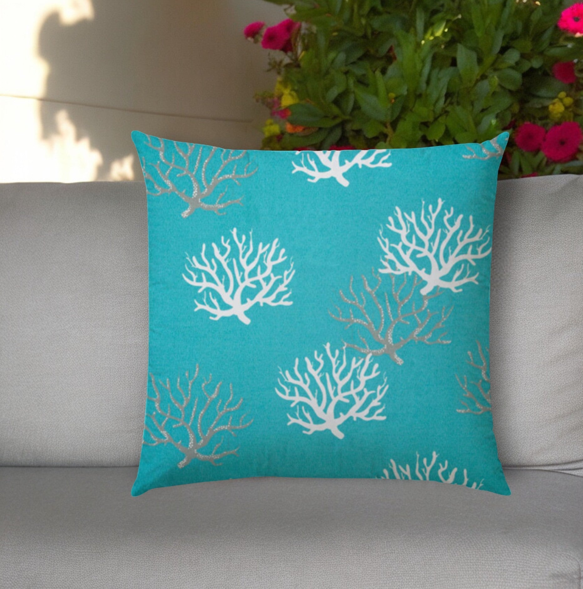 20" Aqua Gray and White Coral Indoor Outdoor Throw Pillow Cover