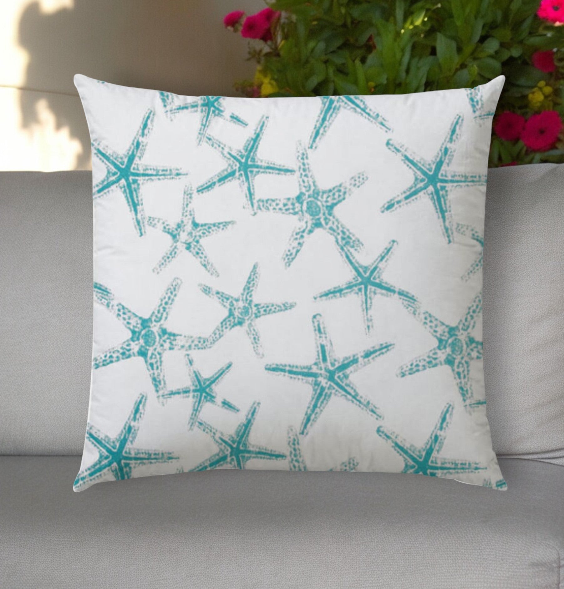 20" Turquoise and White Starfish Coastal Indoor Outdoor Throw Pillow Cover