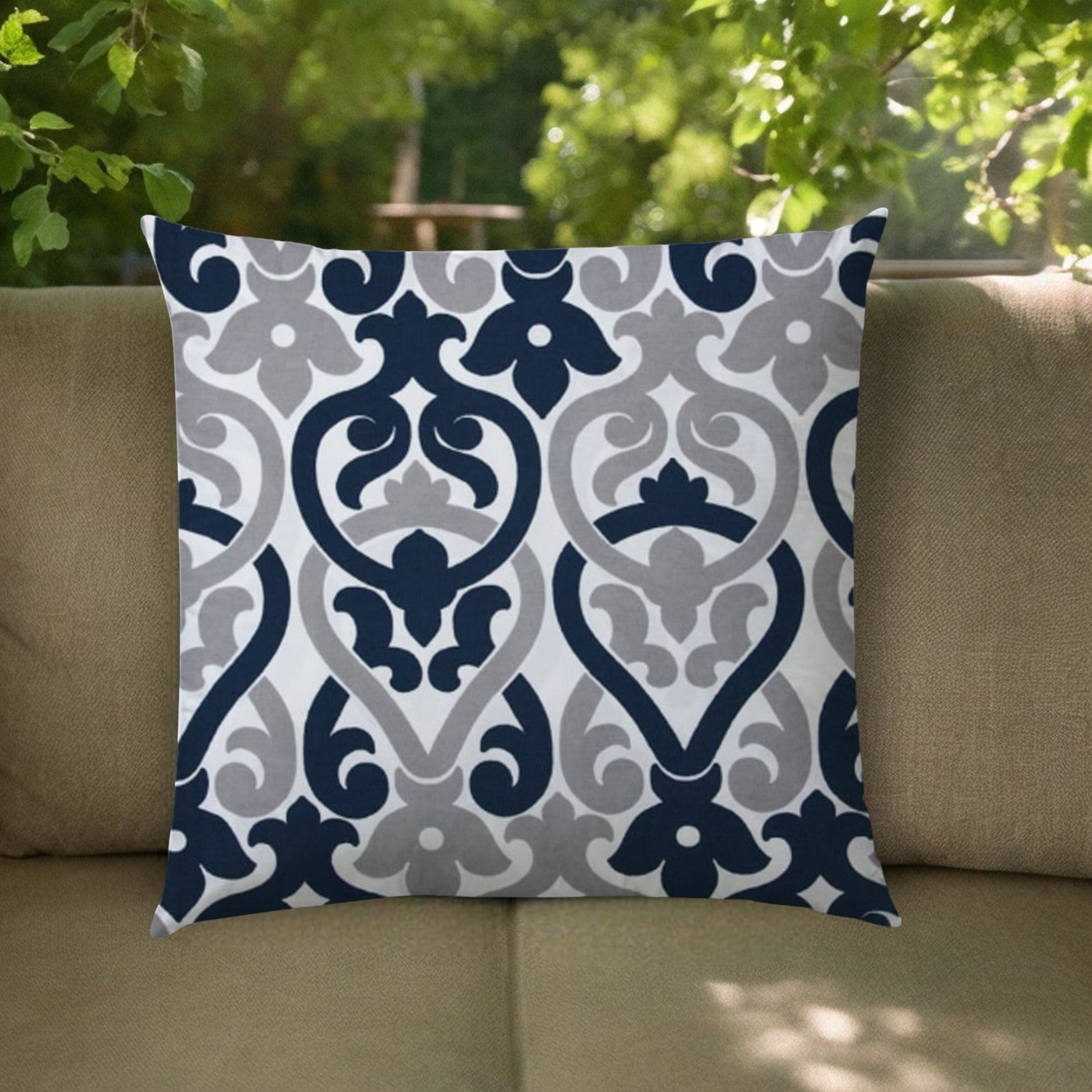 20" Navy Gray and White Damask Indoor Outdoor Throw Pillow Cover