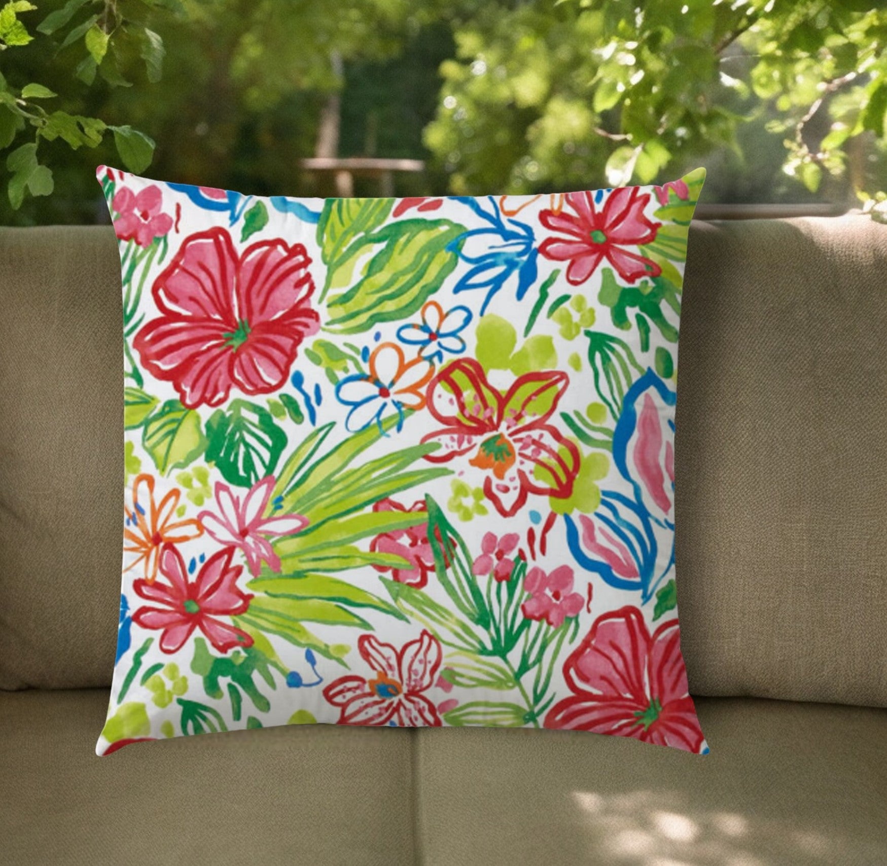 20" Green and Red Floral Indoor Outdoor Throw Pillow Cover