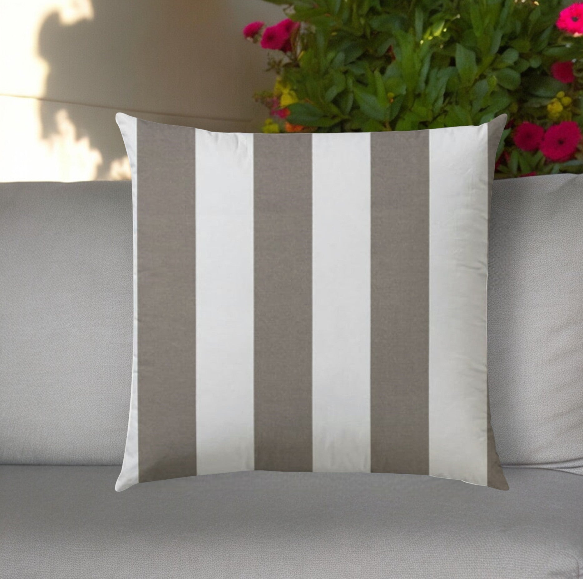 20" Taupe and Ivory Striped Indoor Outdoor Throw Pillow Cover