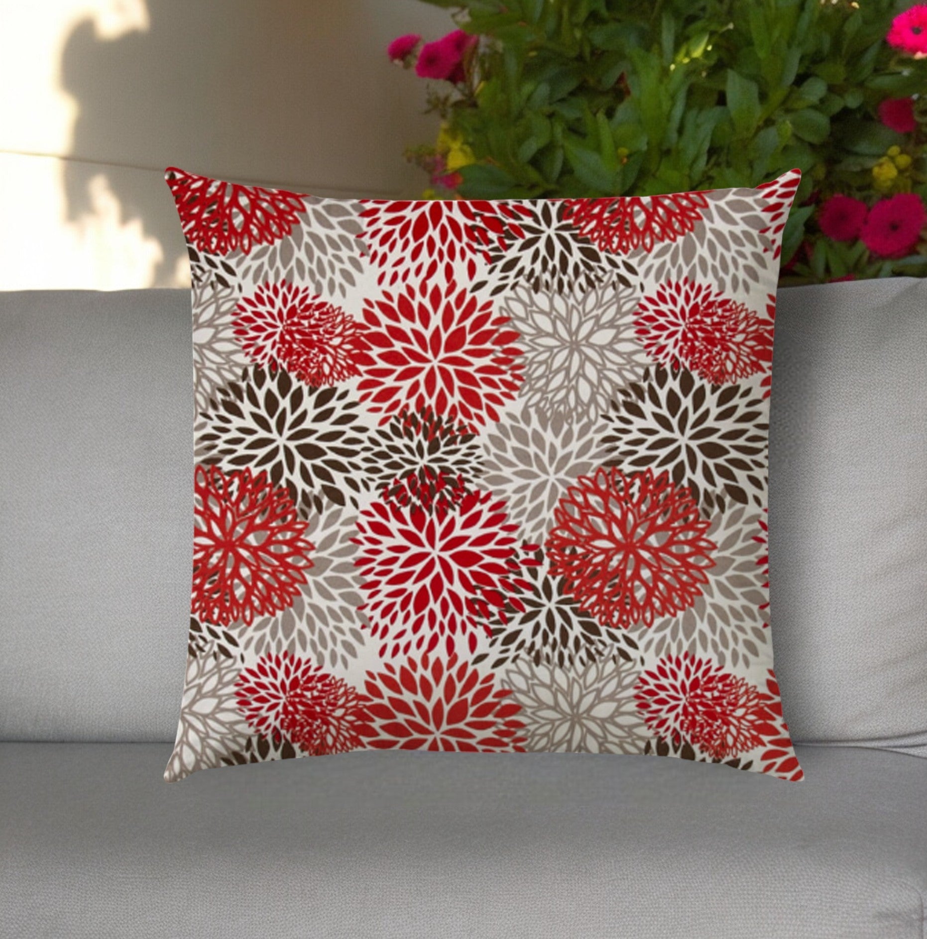 20" Brown and Red Floral Indoor Outdoor Throw Pillow Cover