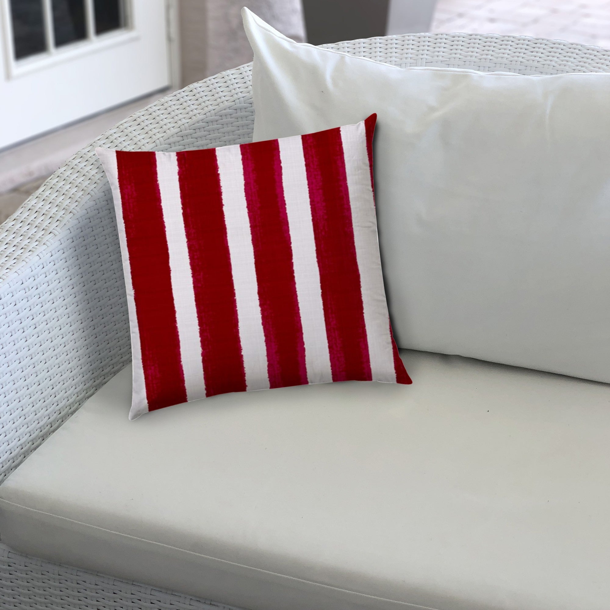 20" Raspberry and White Striped Indoor Outdoor Throw Pillow Cover