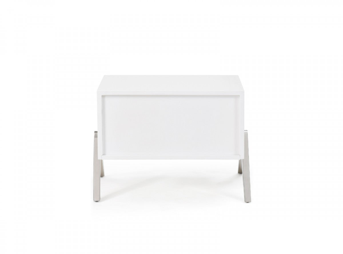 Modern Silky White Nightstand with One Drawer and Steel Legs