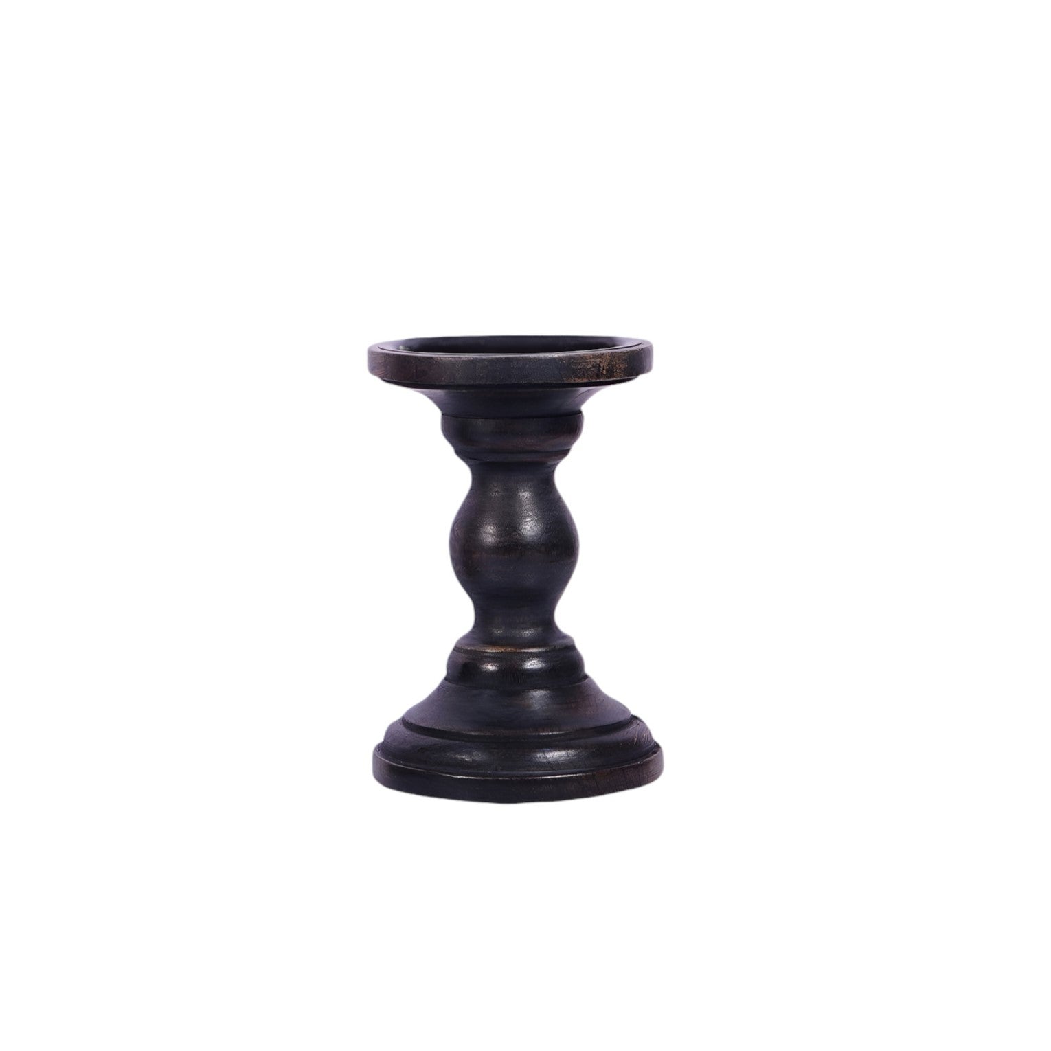 Set of Three Matte Black Genuine Wood Hand Carved Pillar Candle Holders