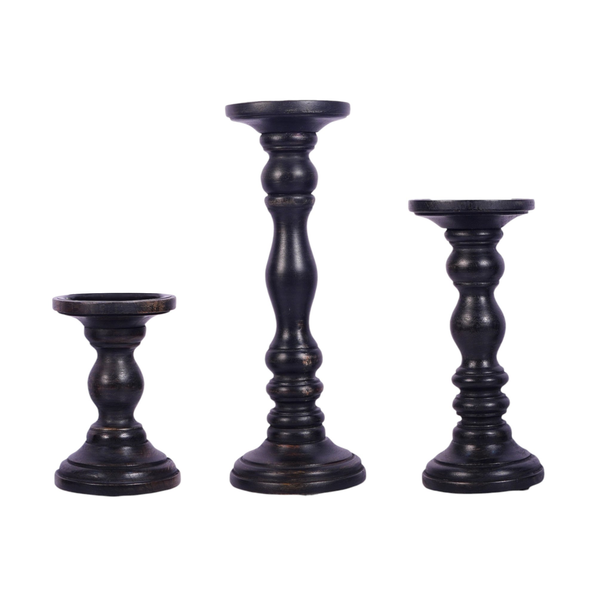 Set of Three Matte Black Genuine Wood Hand Carved Pillar Candle Holders