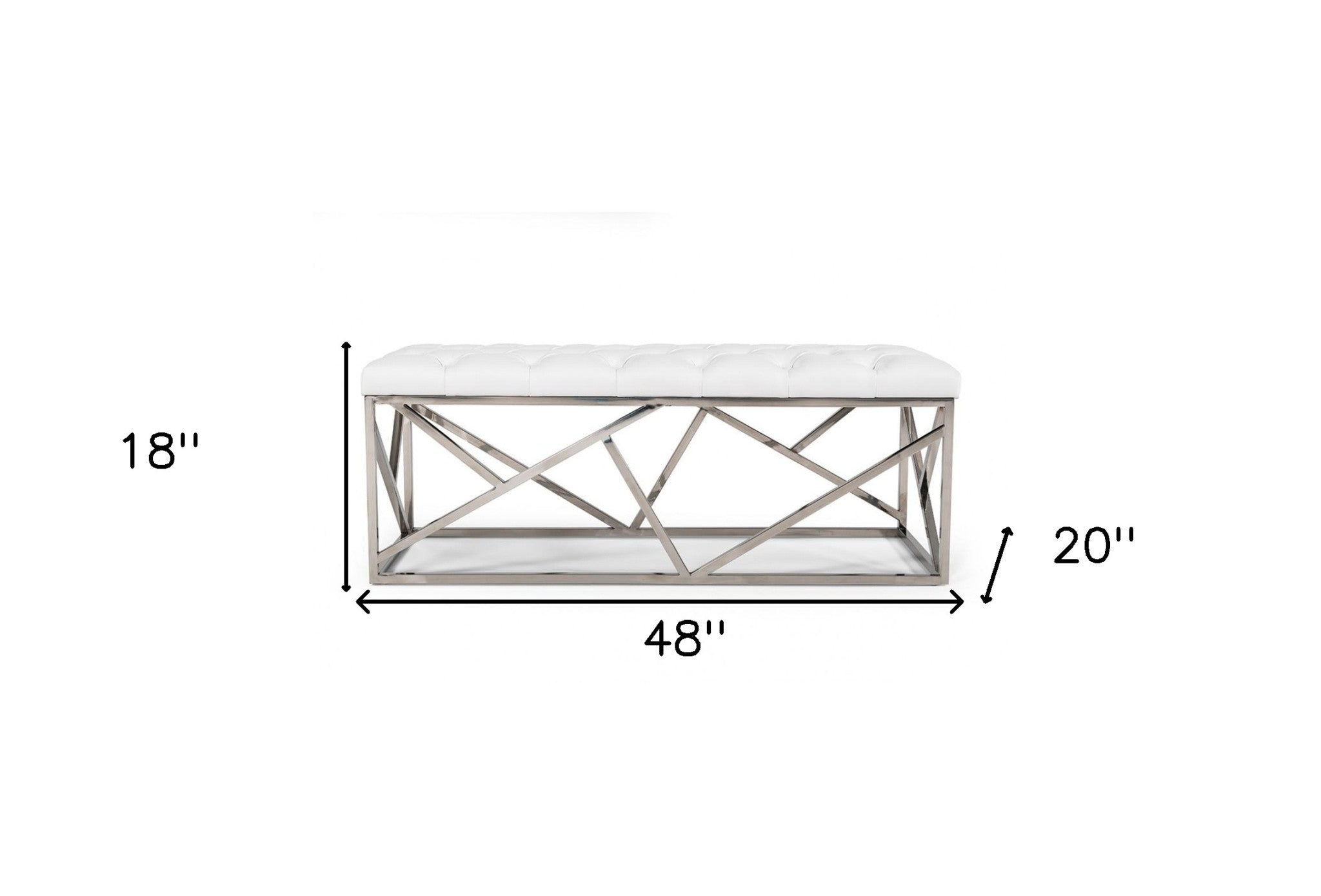 48" White and Silver Tufted Faux Leather Upholstered Bench