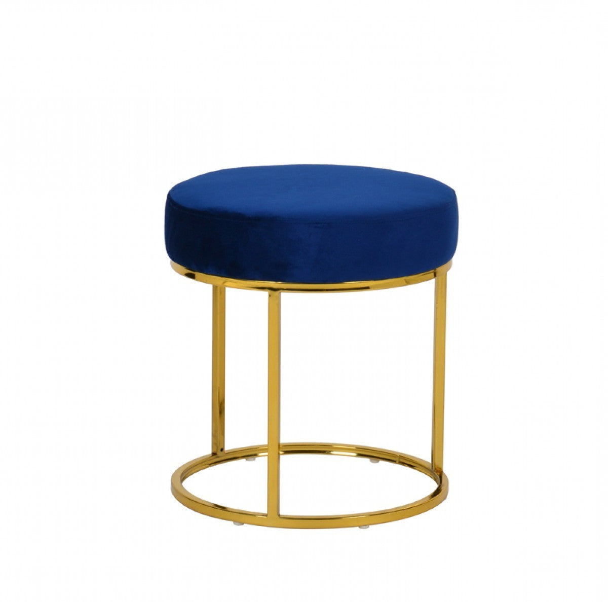 16" Blue Velvet And Gold Round Footstool Ottoman