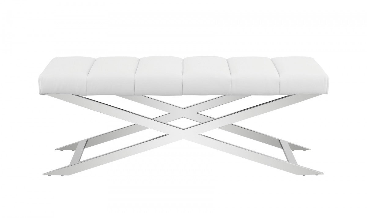 47" White and Silver Upholstered Faux Leather Dining Bench