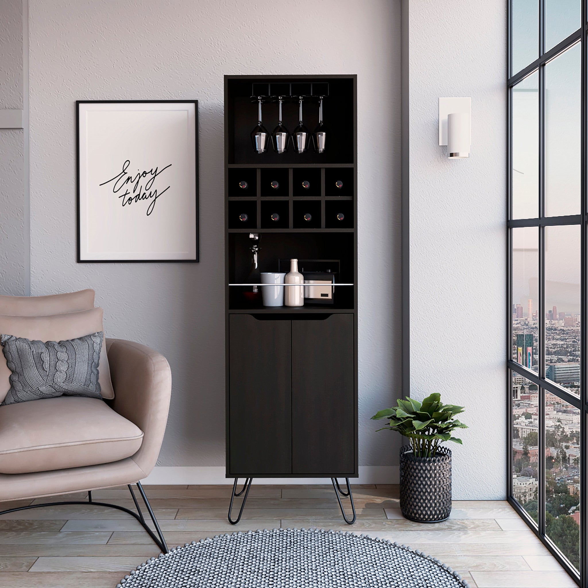 Black Tall Bar Cabinet with Two Door Panels and Top Wine Glass Rack