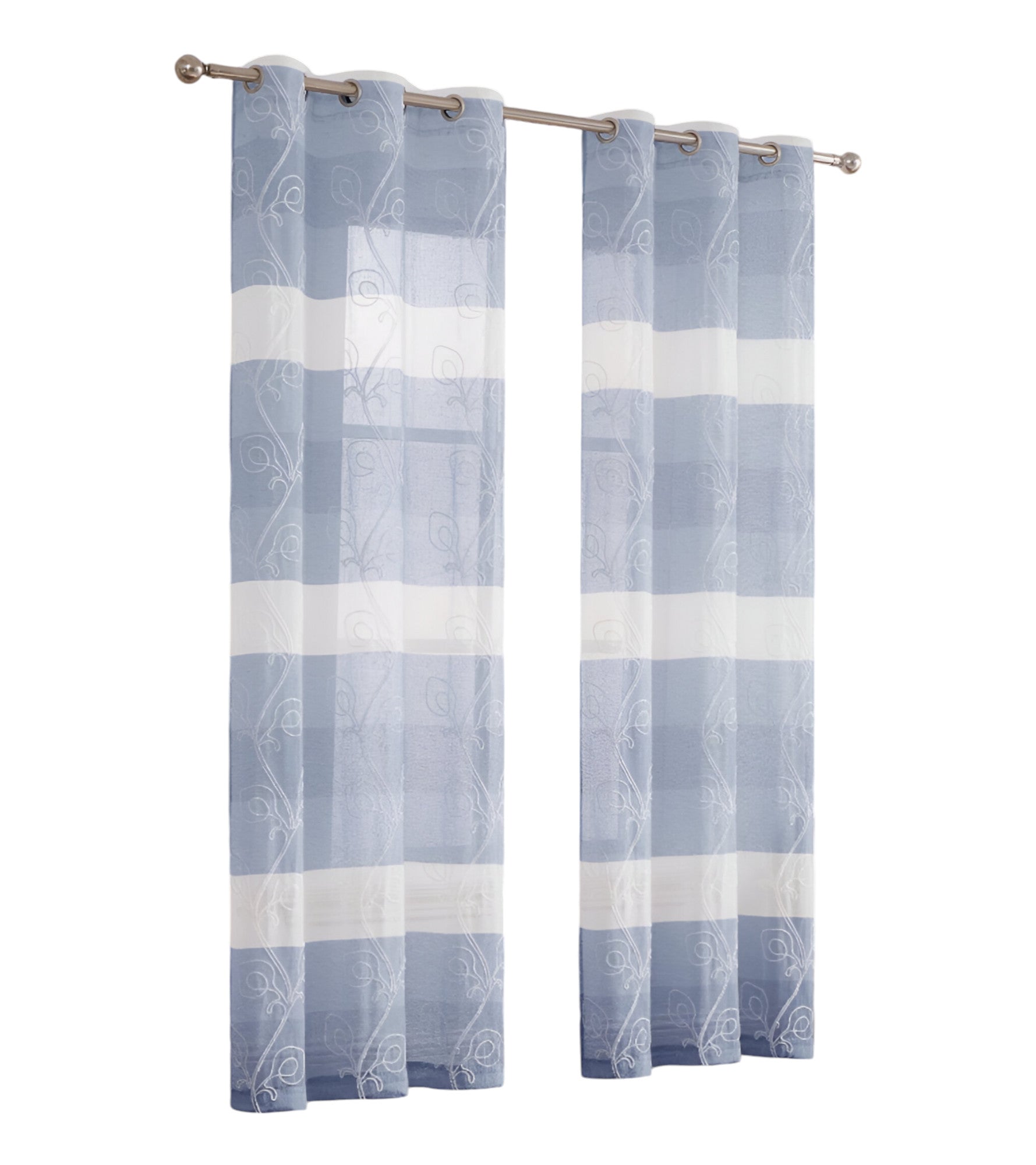 Set of Two 96"  Blue Striped Floral Embroidery Window Panels