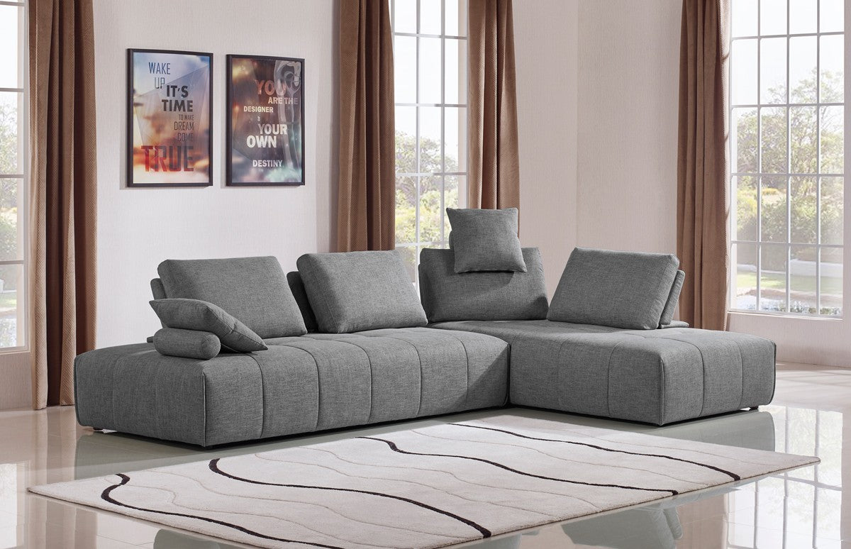 Gray Polyester Modular L Shaped Two Piece Sofa and Chaise Sectional And Toss Pillows