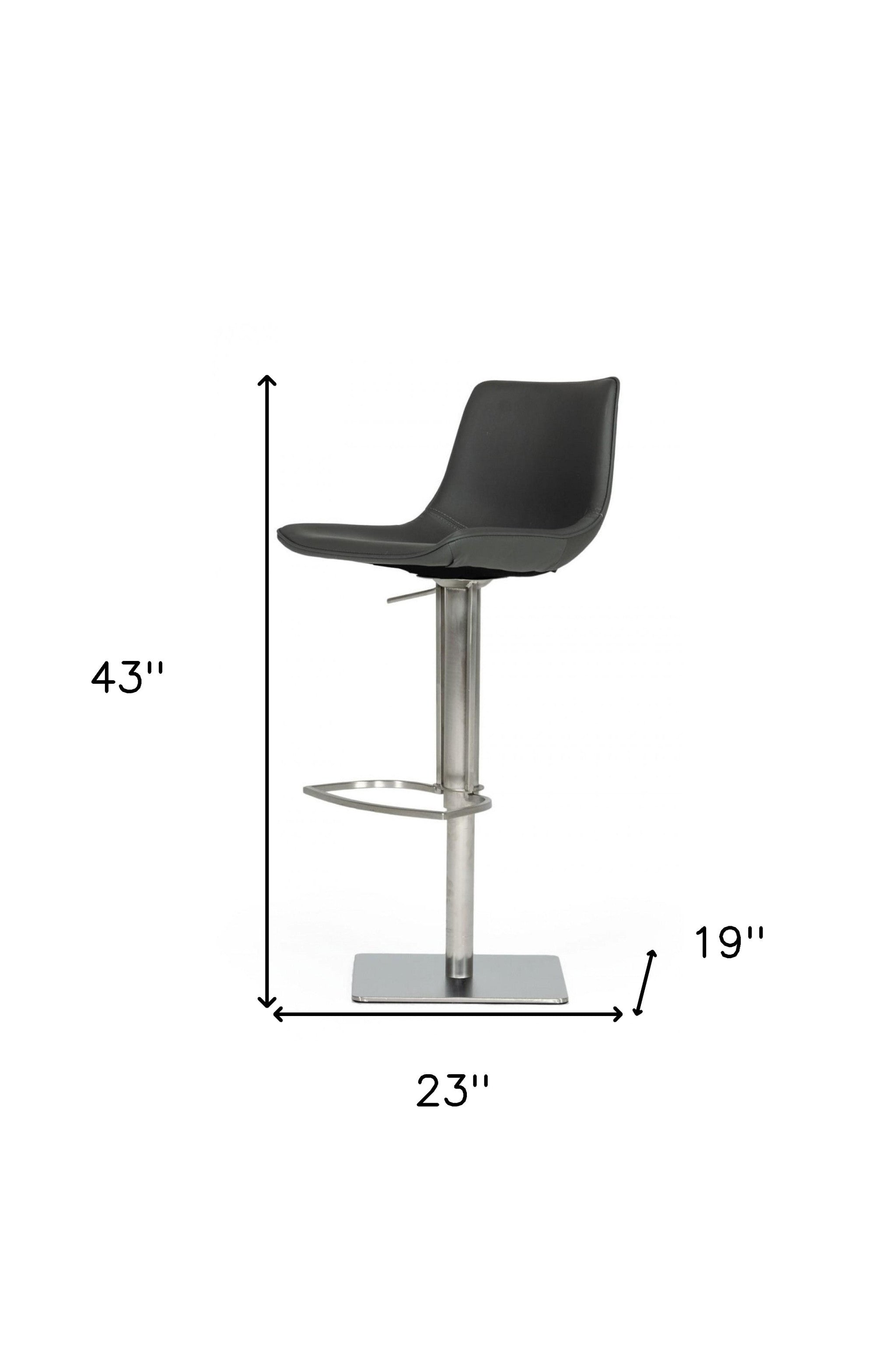 29" Gray And Silver Faux Leather And Stainless Steel Swivel Low Back Bar Height Bar Chair