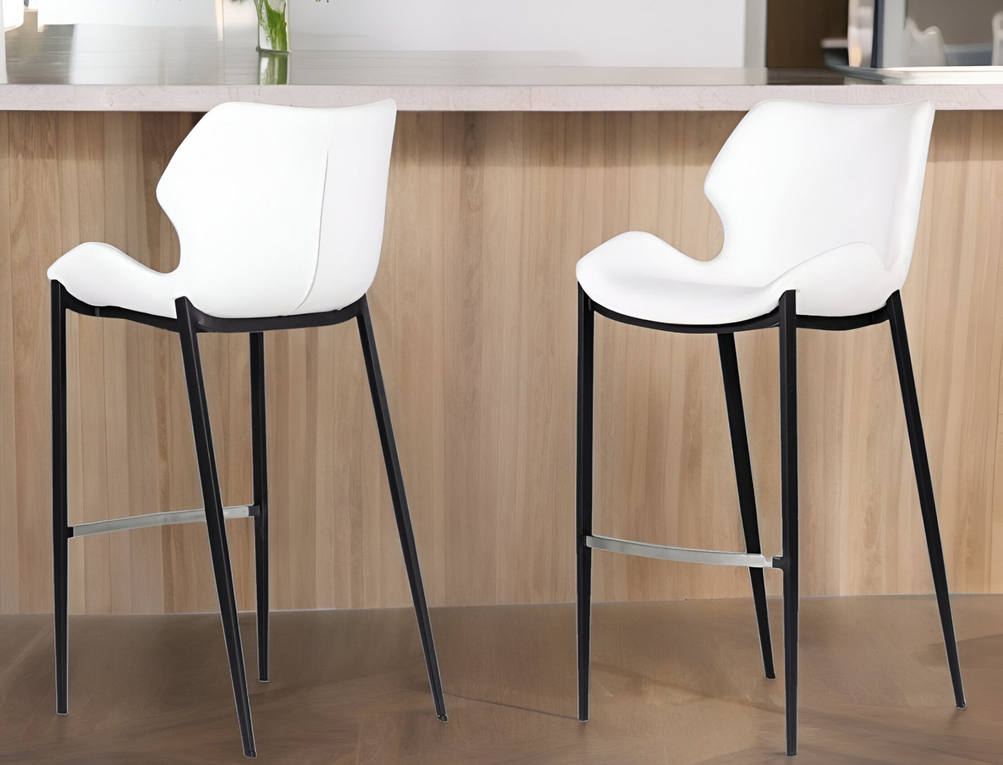 Set of Two 30" White And Black Faux Leather And Steel Low Back Bar Height Bar Chairs