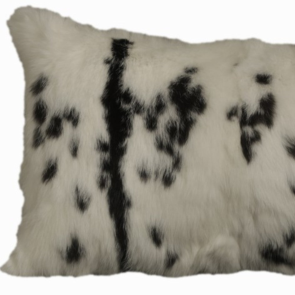 12" X 20" Black And White Rabbit Zippered Natural Fur Animal Print Throw Pillow