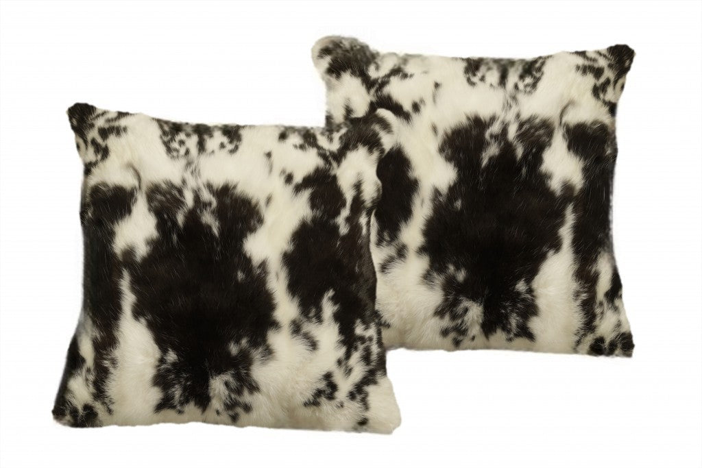 Set of Two 18" Black and White Rabbit Natural Fur Throw Pillow