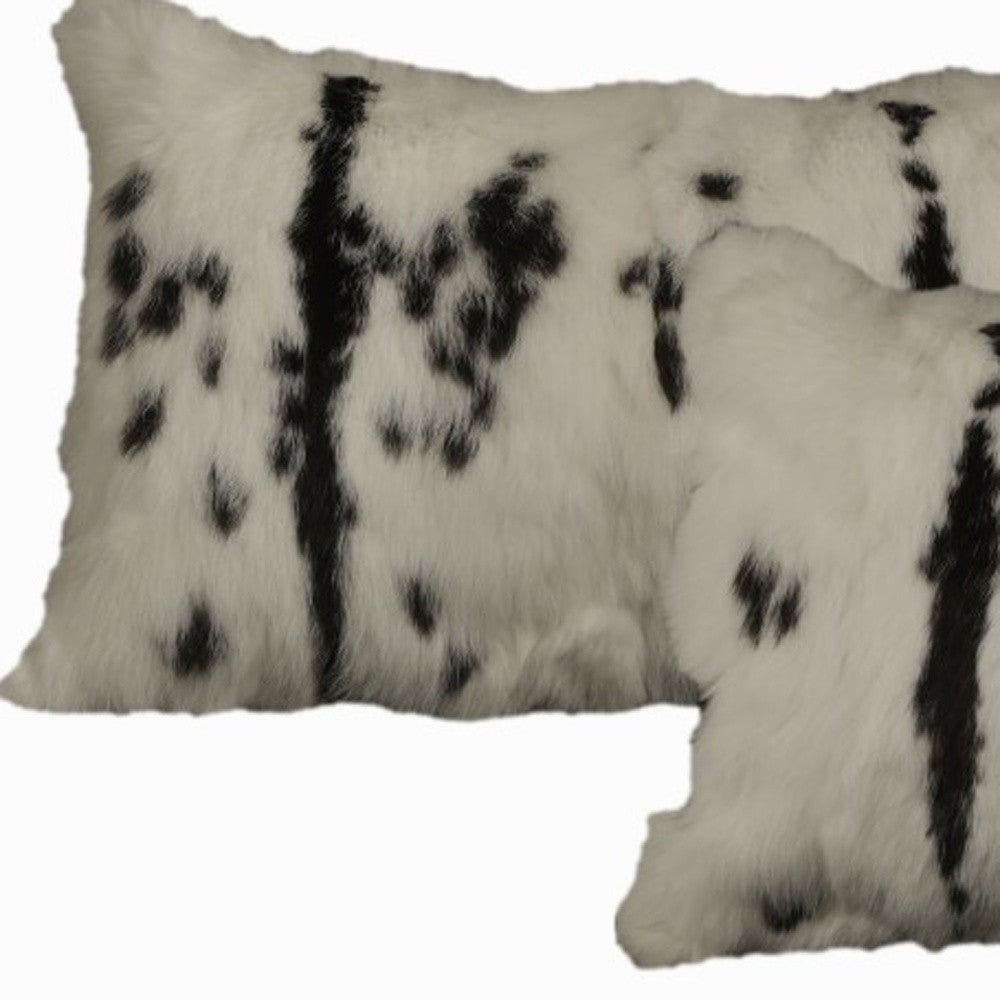 Set Of Two 12" X 20" Black And White Rabbit Zippered Natural Fur Animal Print Throw Pillows