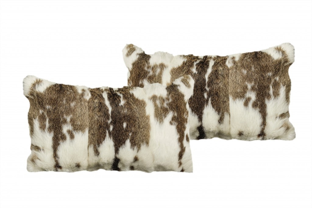 Set of Two 12" X 20" Brown and White Rabbit Natural Fur Throw Pillow