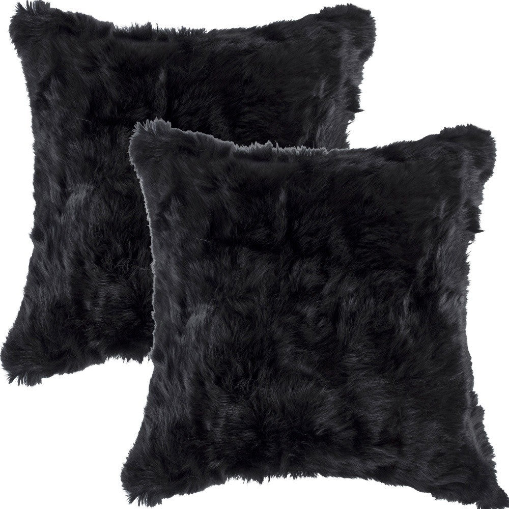 Set of Two 18" Black Rabbit Natural Fur Throw Pillow