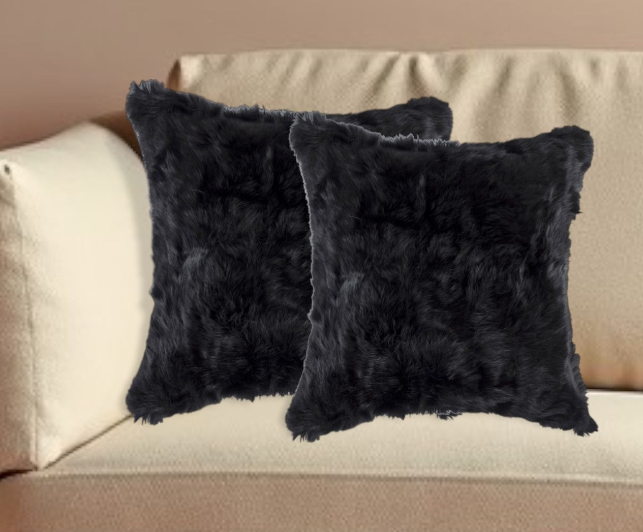 Set of Two 18" Black Rabbit Natural Fur Throw Pillow