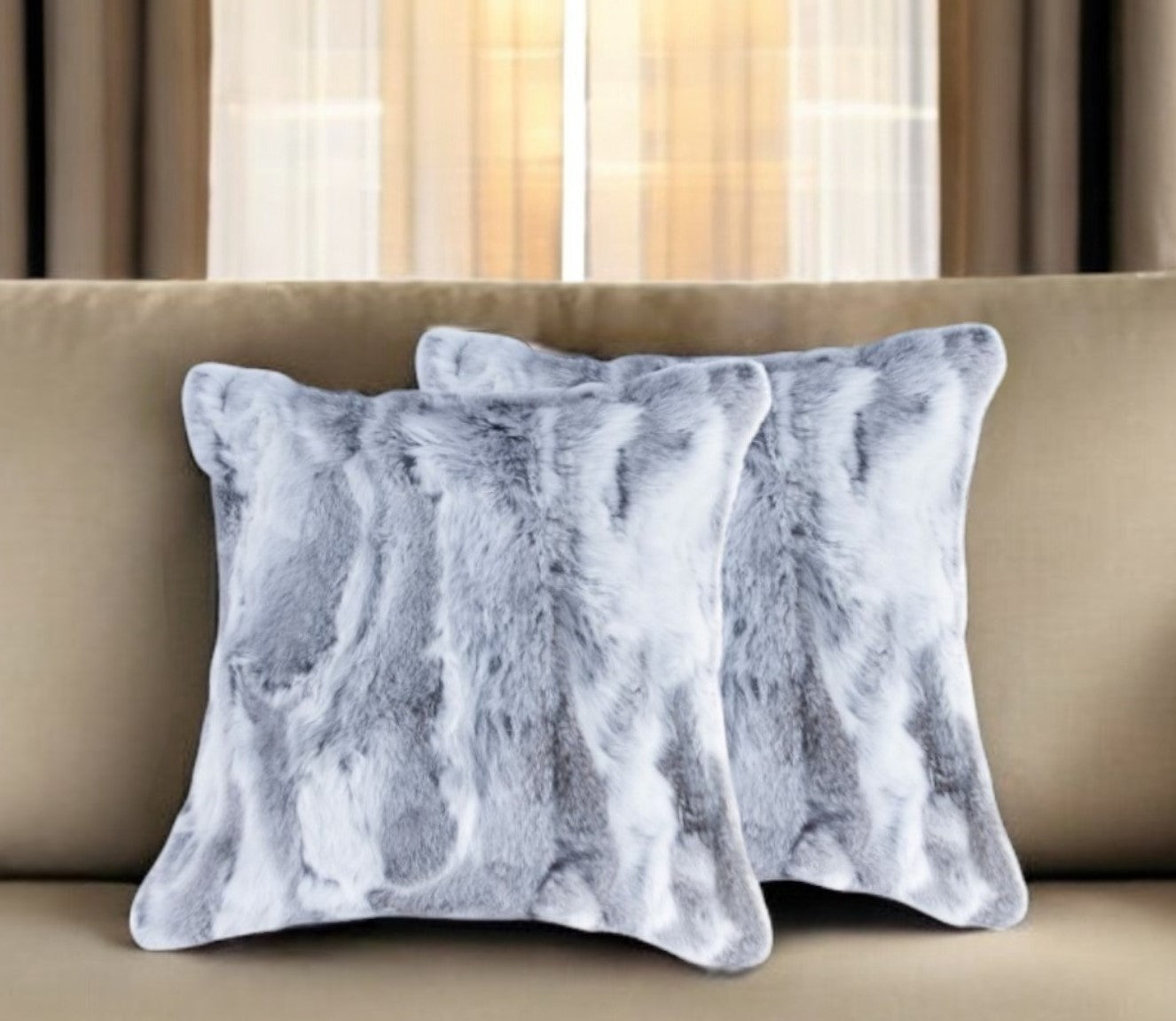 Set Of Two 18" Grey Rabbit Natural Fur Throw Pillows