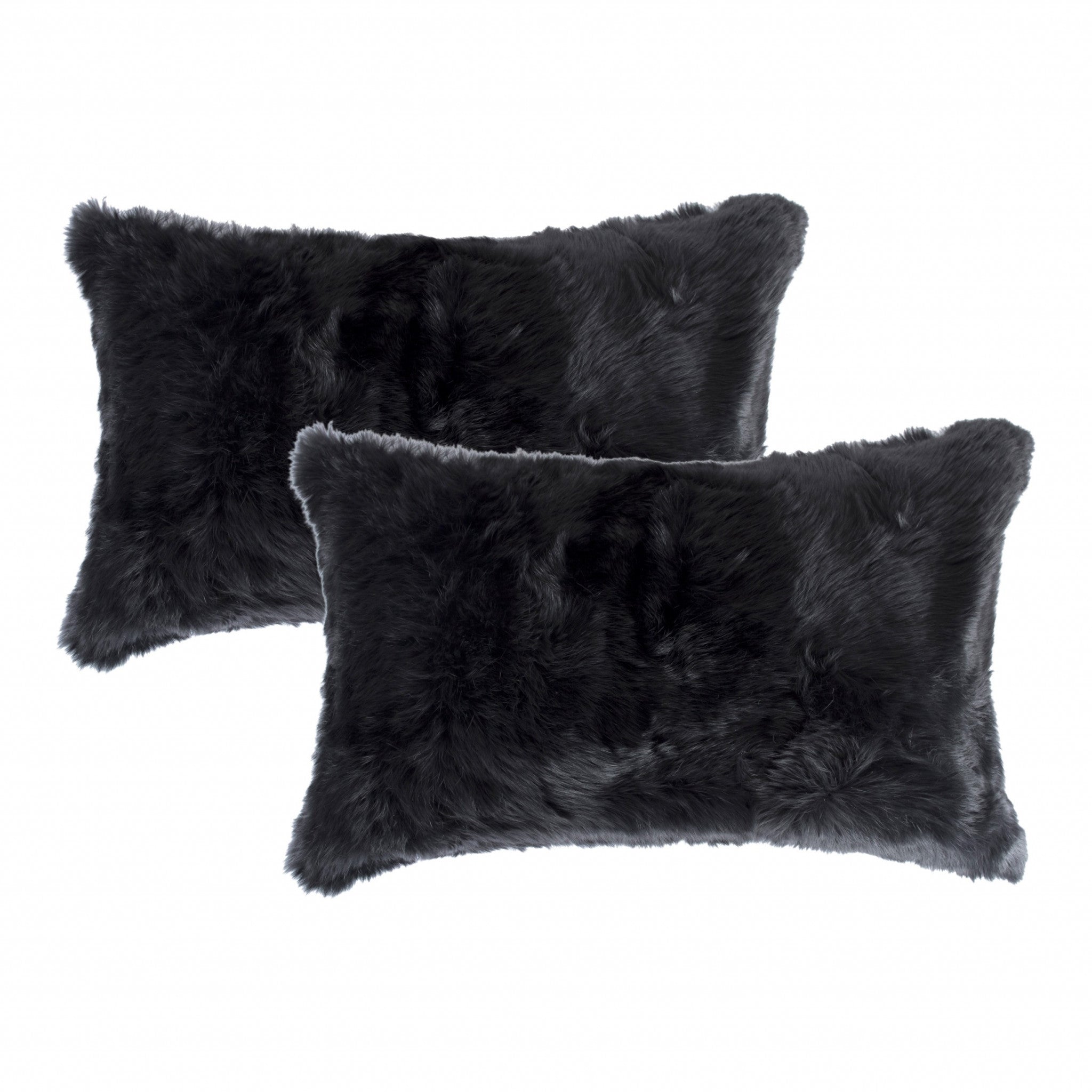 Set Of Two 12" X 20" Black Rabbit Natural Fur Throw Pillows