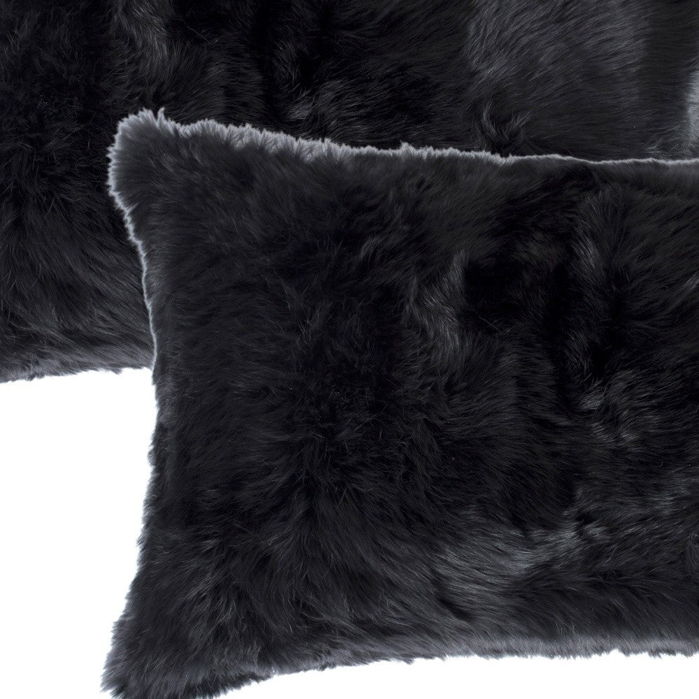 Set Of Two 12" X 20" Black Rabbit Natural Fur Throw Pillows