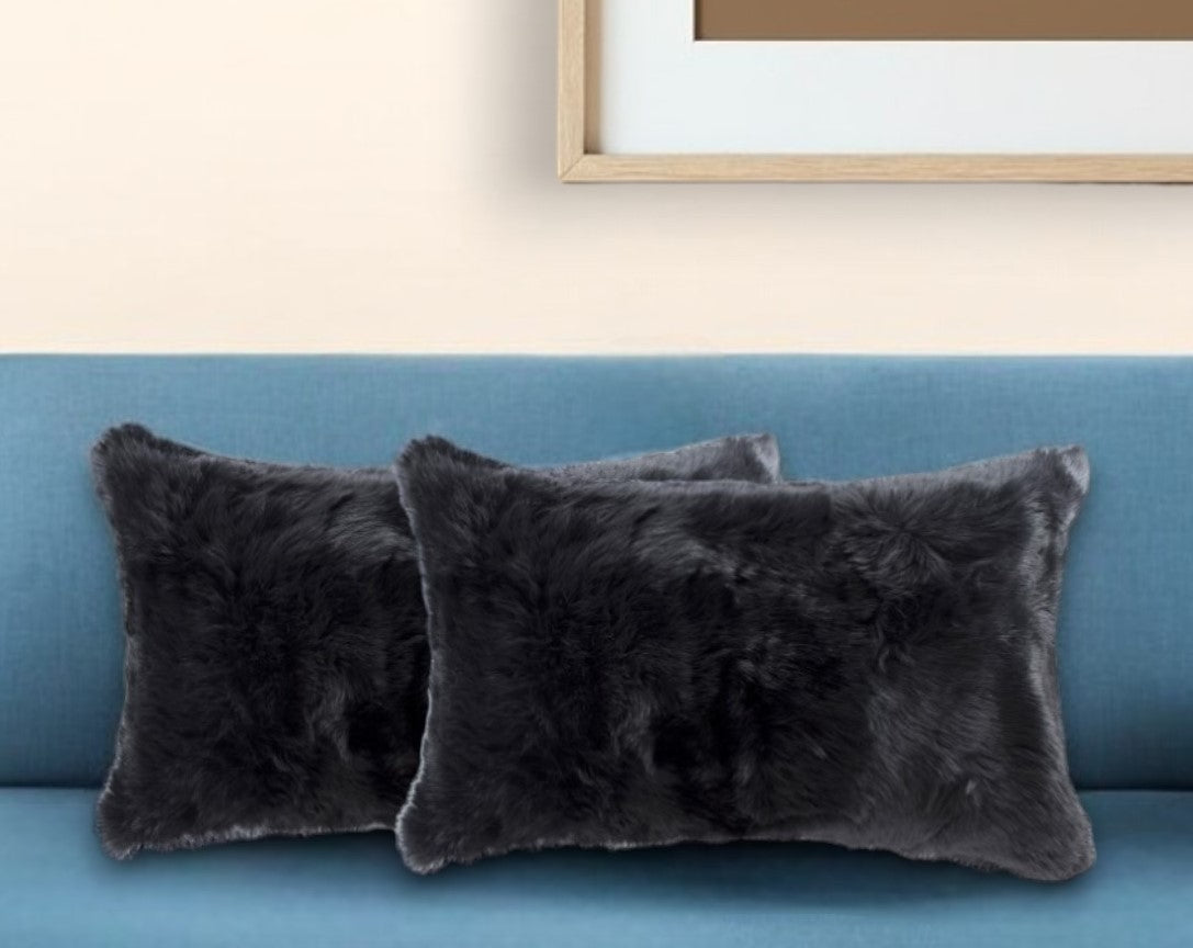 Set of Two 12" X 20" Black Rabbit Natural Fur Throw Pillow