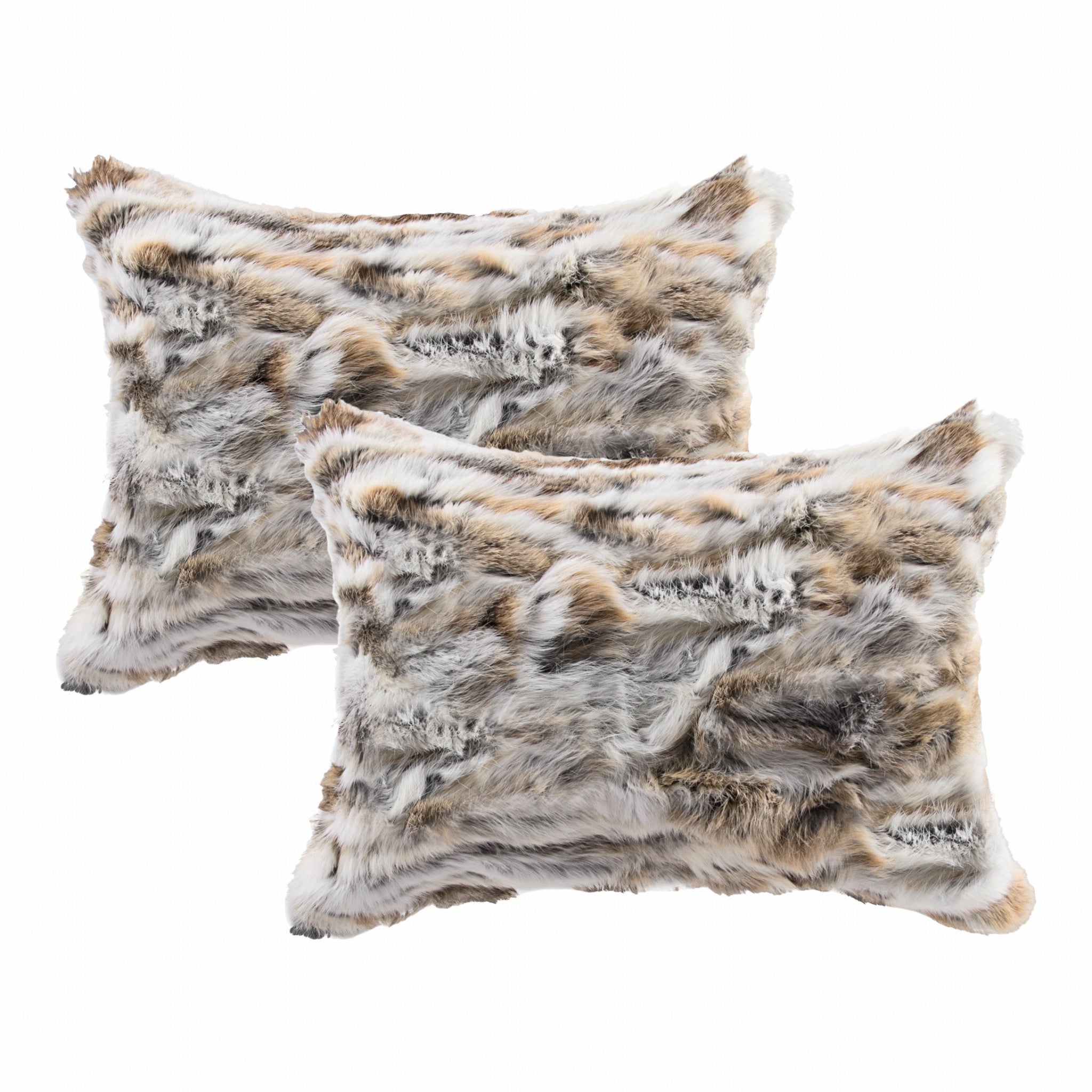 Set of Two 12" X 20" Tan and White Rabbit Natural Fur Throw Pillow