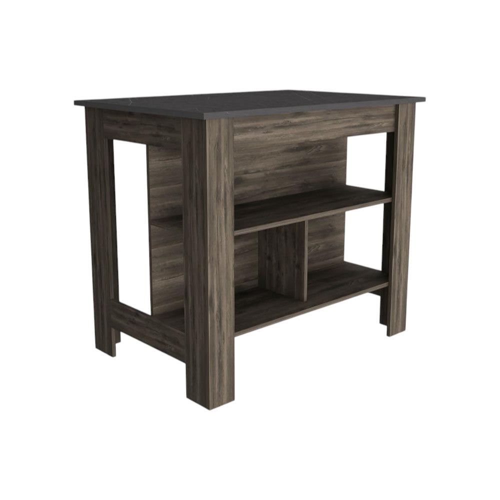 Dark Brown and Onyx Kitchen Island with Three Storage Shelves