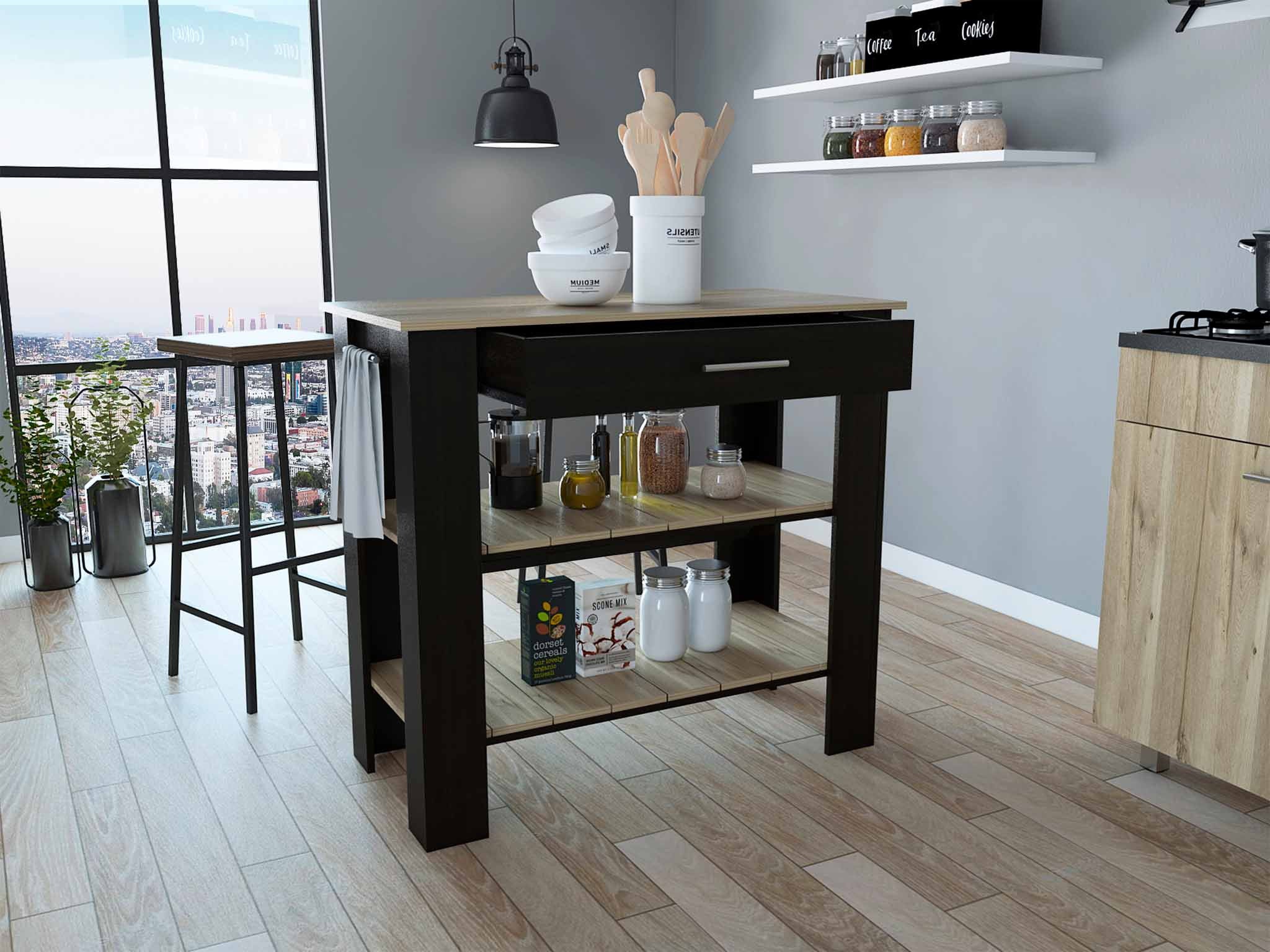 Light Oak and Black Kitchen Island with Drawer and Two Open Shelves