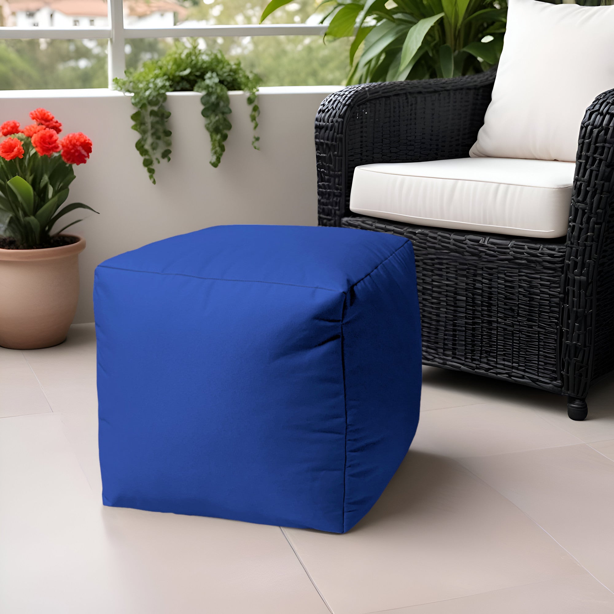 17" Blue Canvas Cube Outdoor Pouf Ottoman