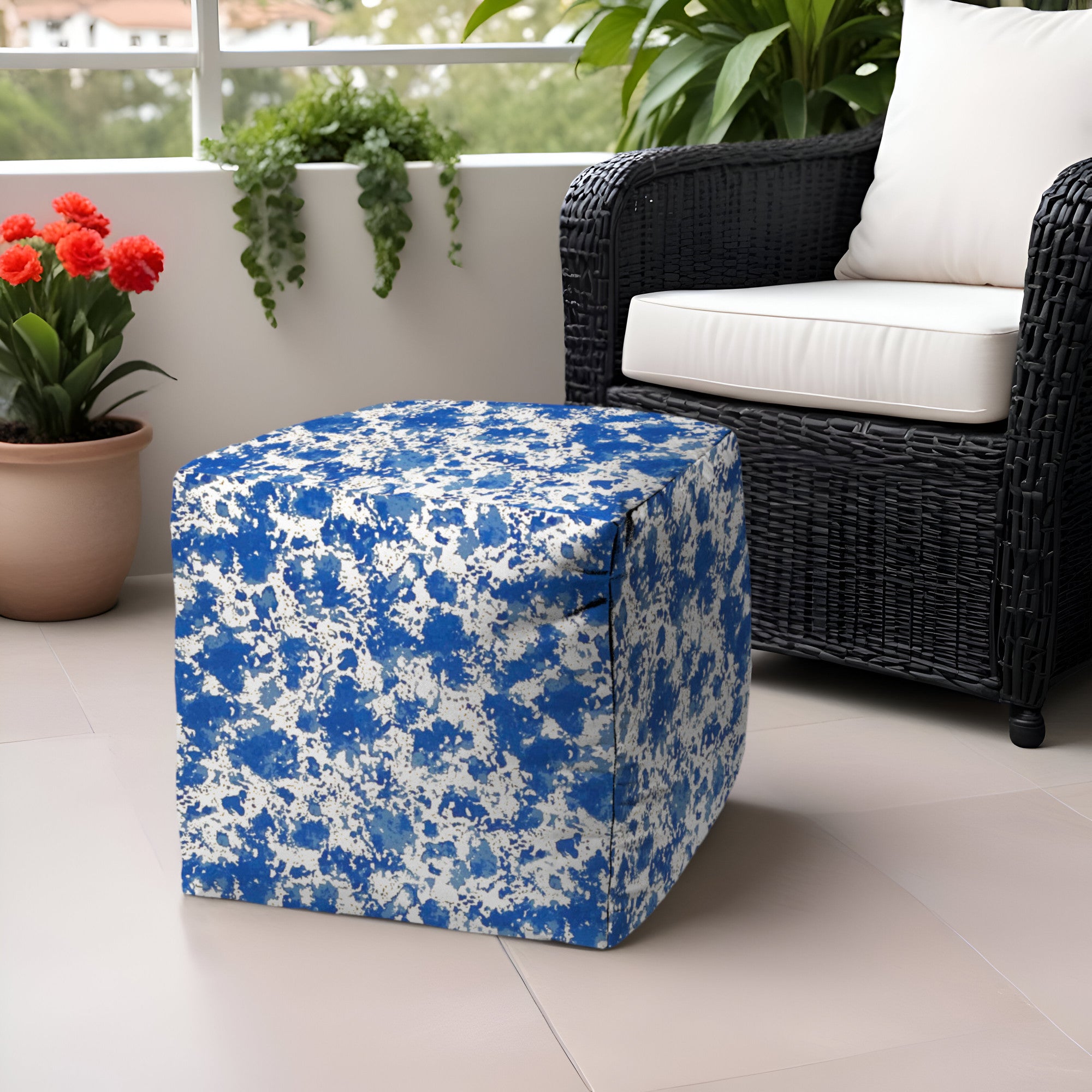 17" Blue and White Polyester Cube Abstract Outdoor Pouf Ottoman