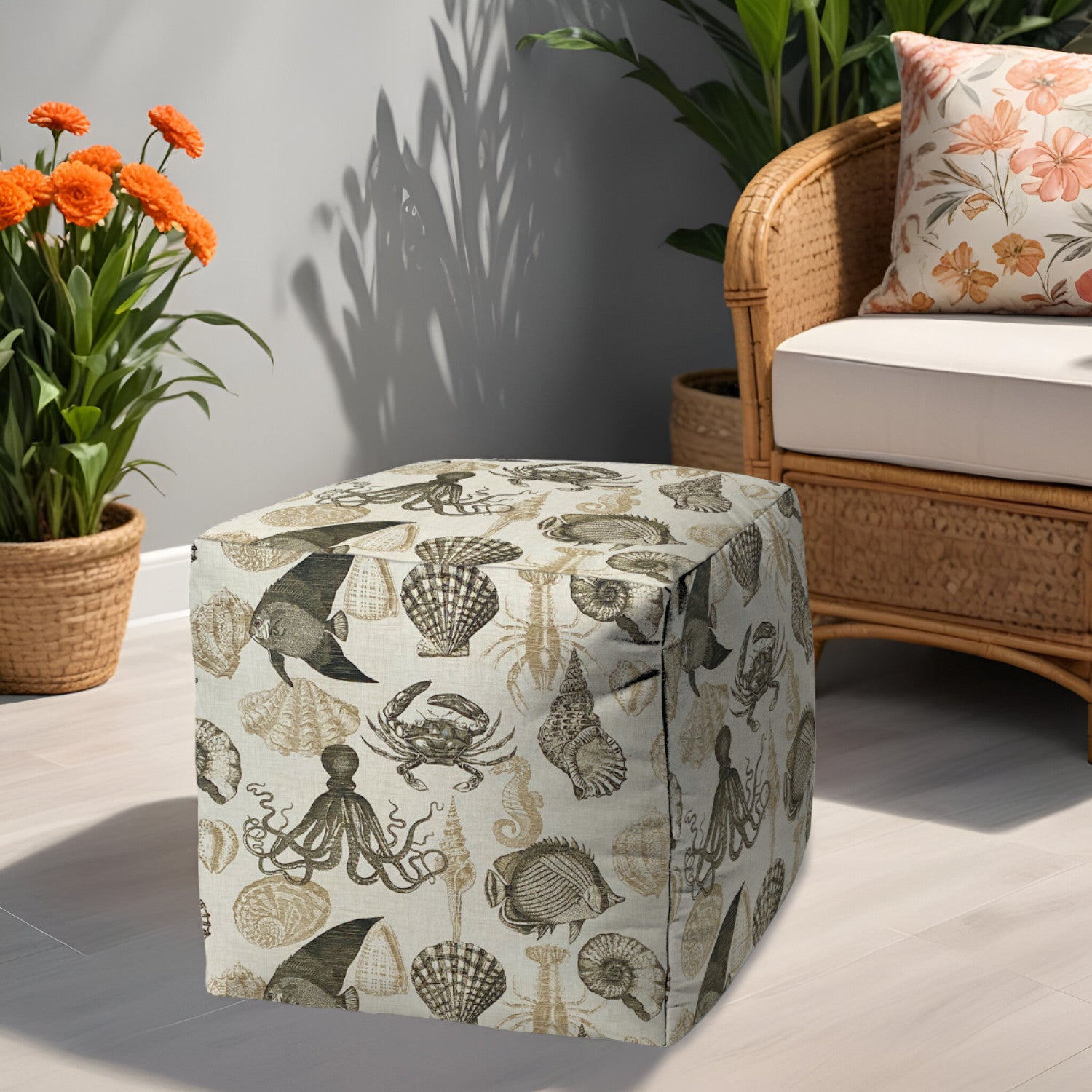 17" Taupe Gray and Beige Polyester Cube Coastal Outdoor Pouf Ottoman