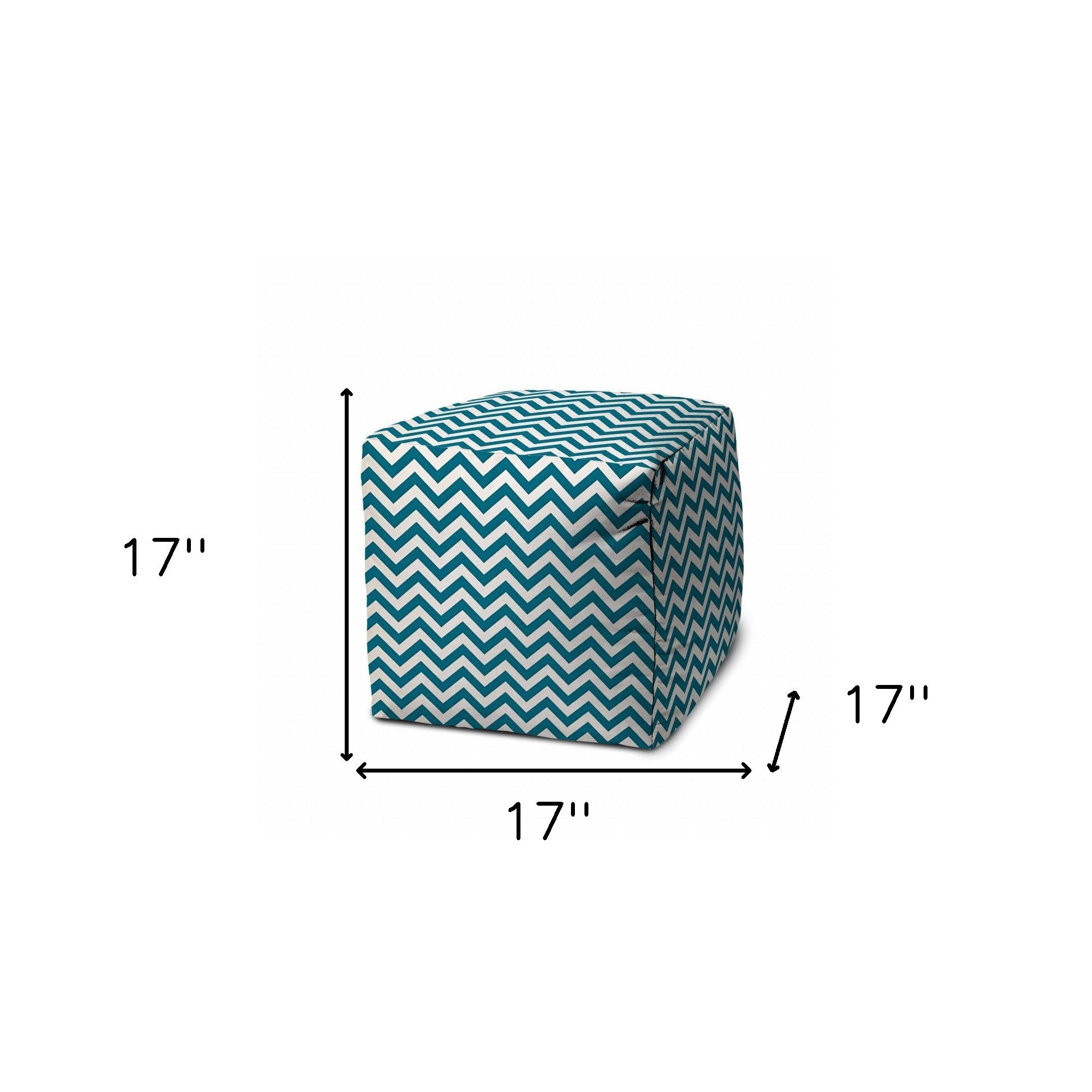 17" Turquoise and White Polyester Cube Chevron Outdoor Pouf Ottoman