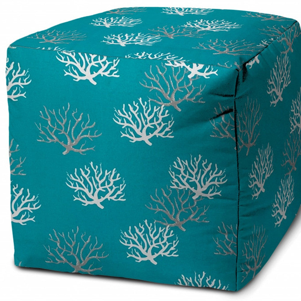 17" Turquoise White and Gray Polyester Cube Coral Outdoor Pouf Ottoman