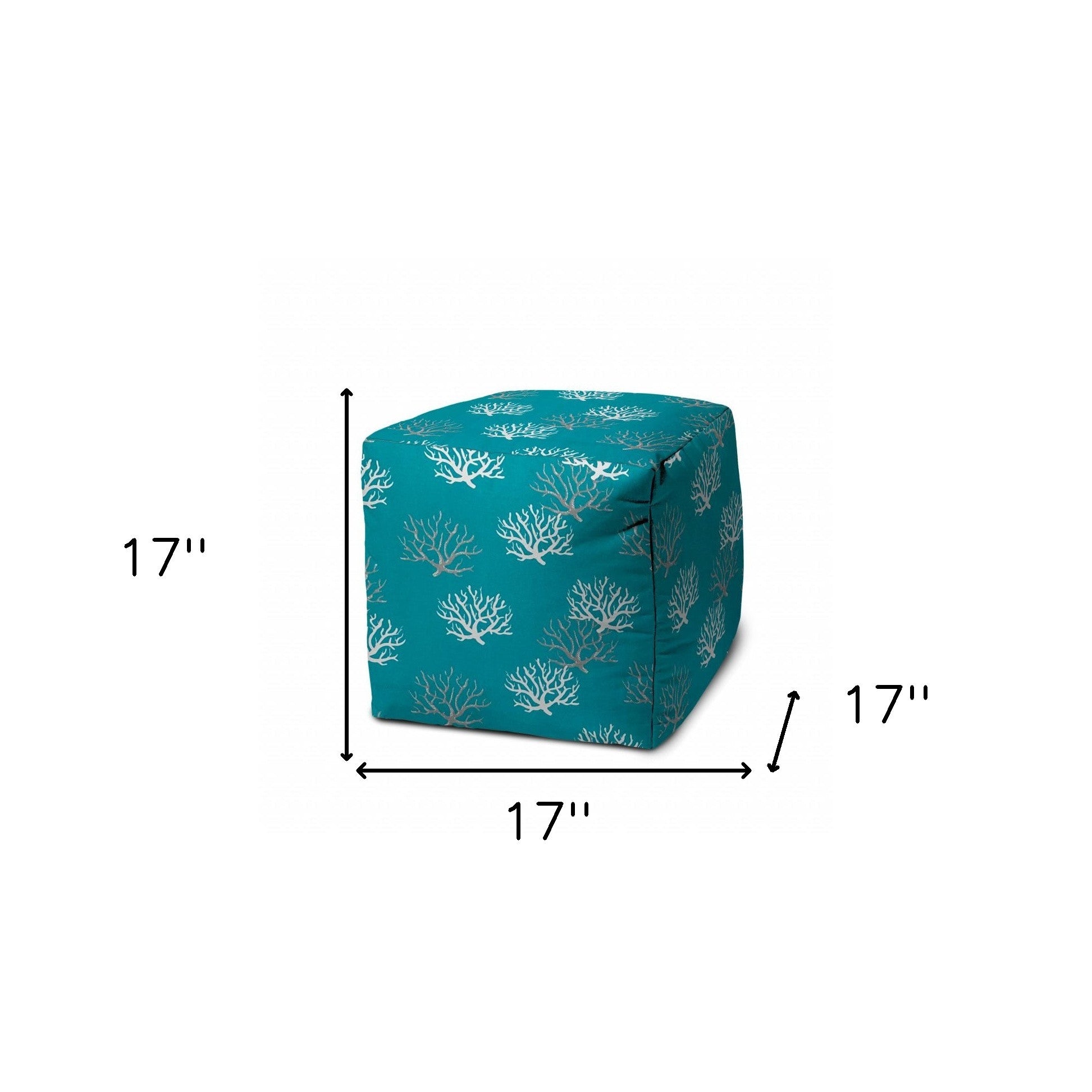 17" Turquoise White and Gray Polyester Cube Coral Outdoor Pouf Ottoman