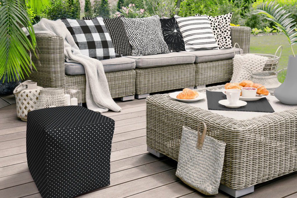 17" Black Polyester Cube Polka Dots Indoor Outdoor Pouf Ottoman