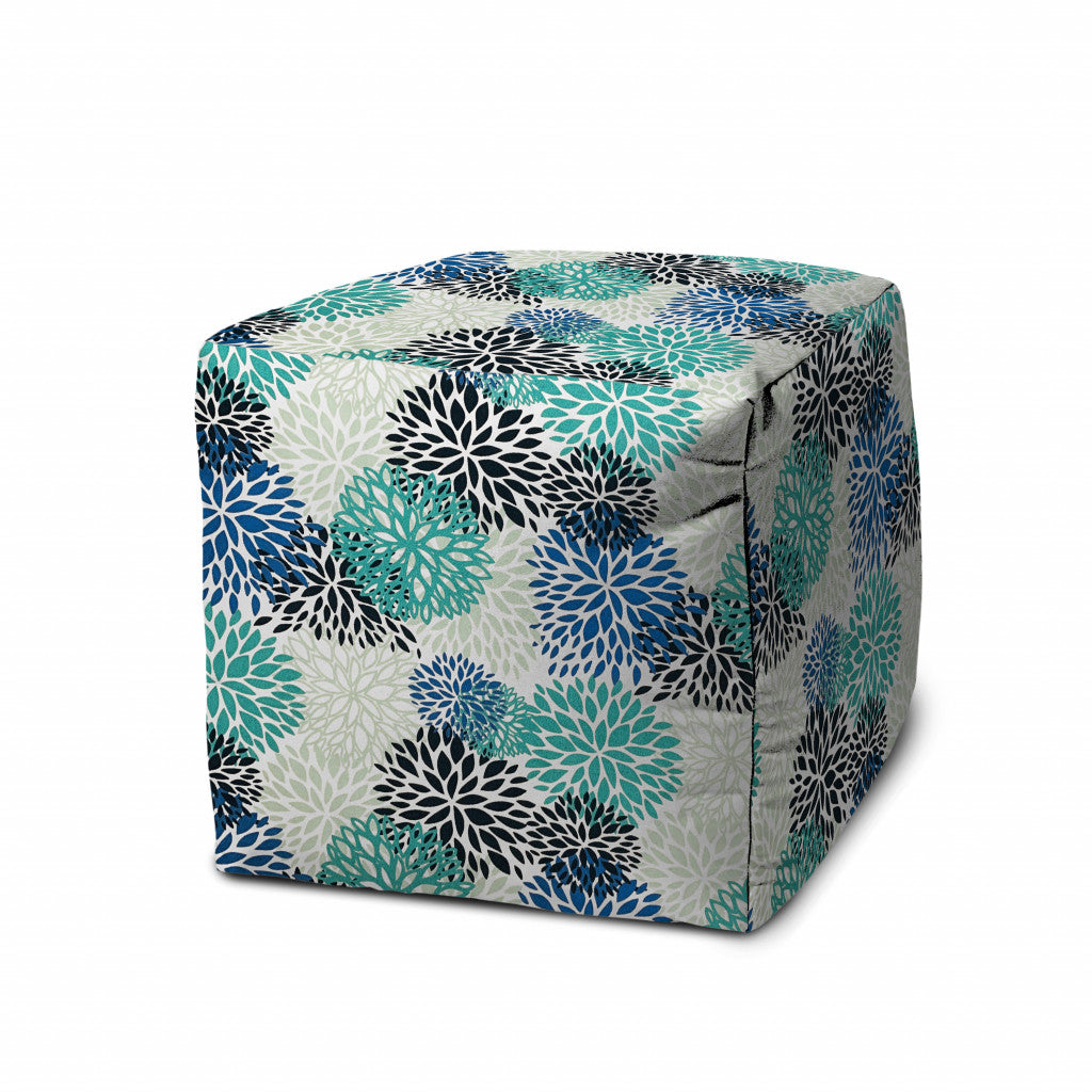 17" Green Polyester Cube Floral Indoor Outdoor Pouf Ottoman