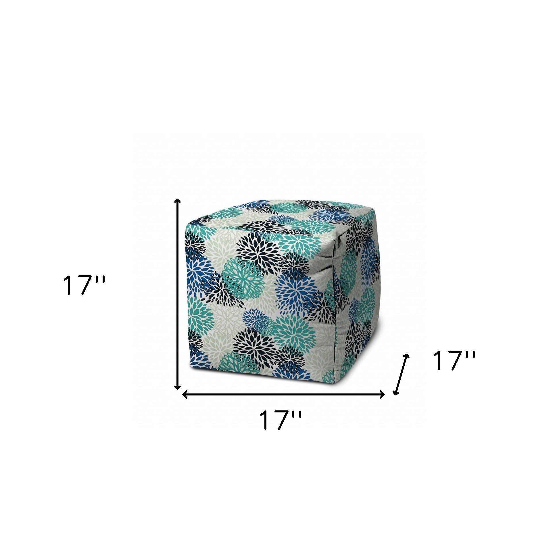 17" Green Polyester Cube Floral Indoor Outdoor Pouf Ottoman