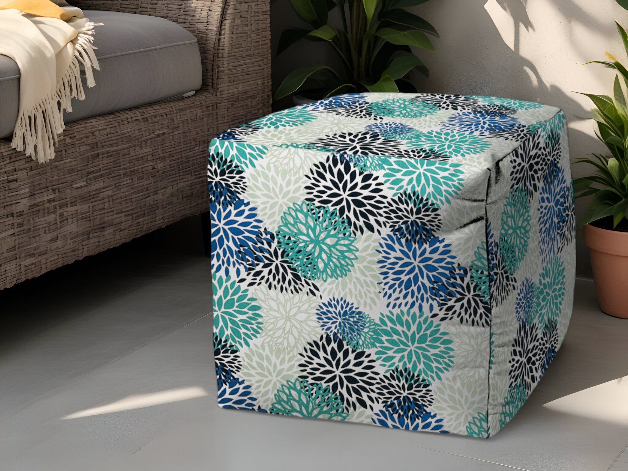 17" Green Polyester Cube Floral Indoor Outdoor Pouf Ottoman