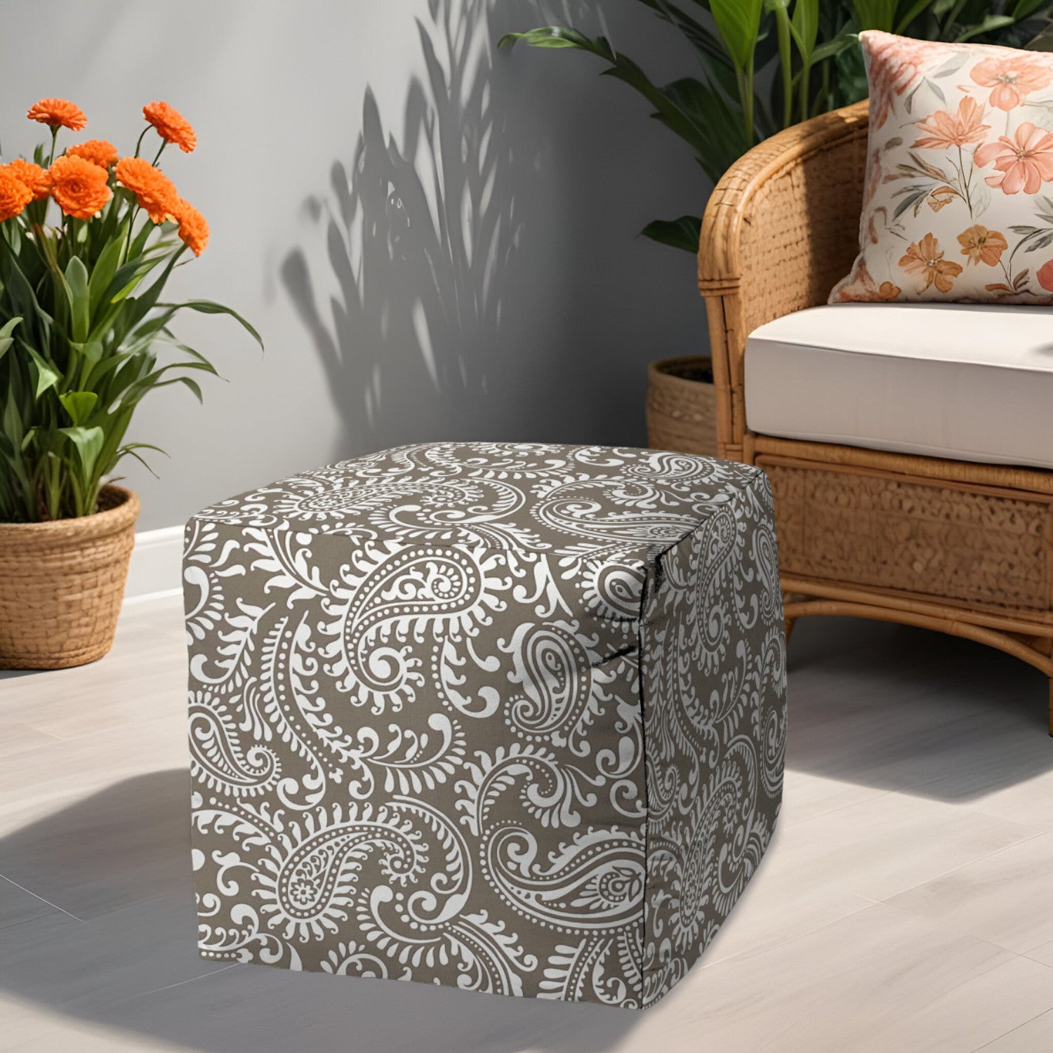 17" Taupe Polyester Cube Paisley Indoor Outdoor Pouf Ottoman