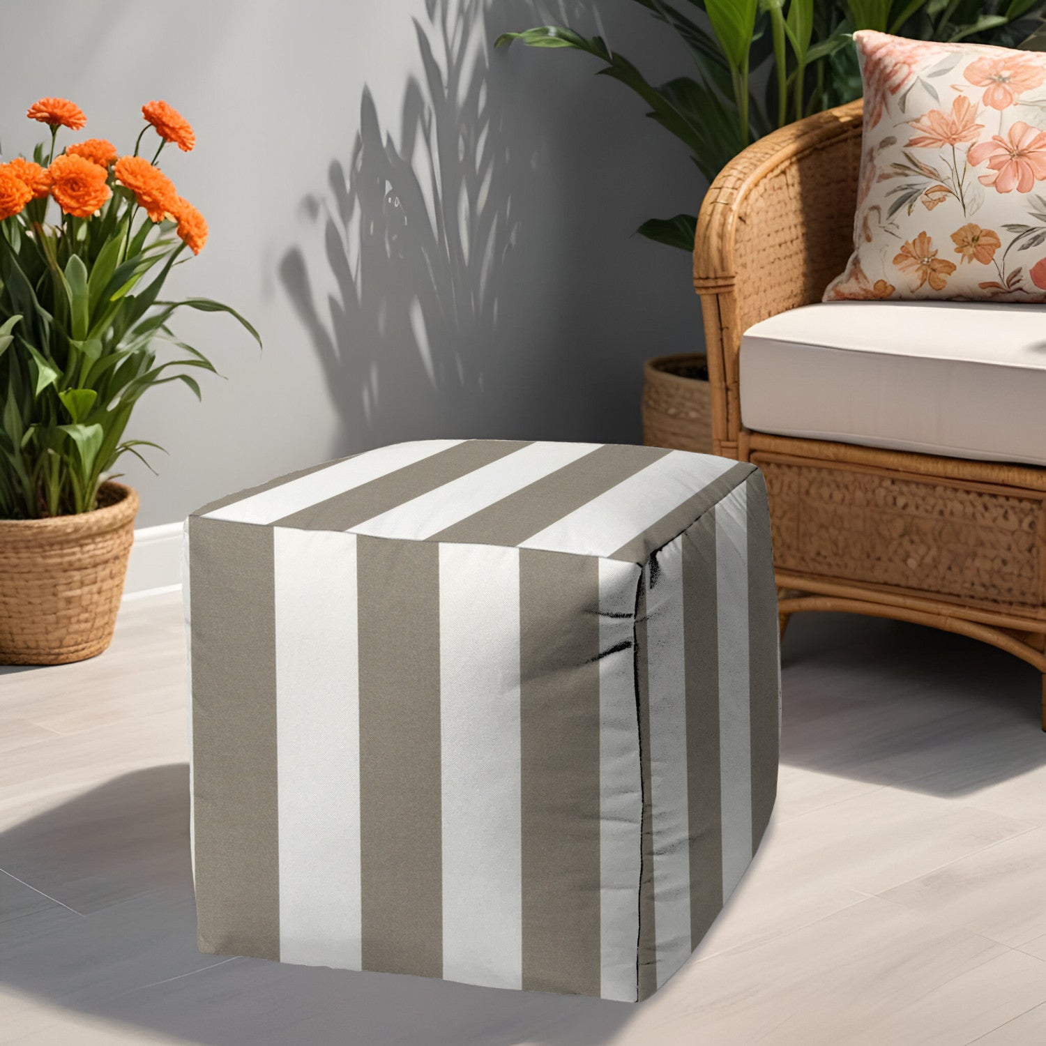 17" Taupe Polyester Cube Striped Indoor Outdoor Pouf Ottoman