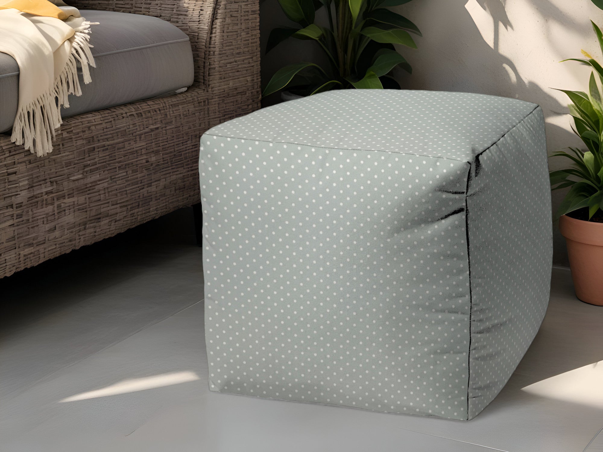 17" Turquoise Polyester Cube Polka Dots Indoor Outdoor Pouf Ottoman