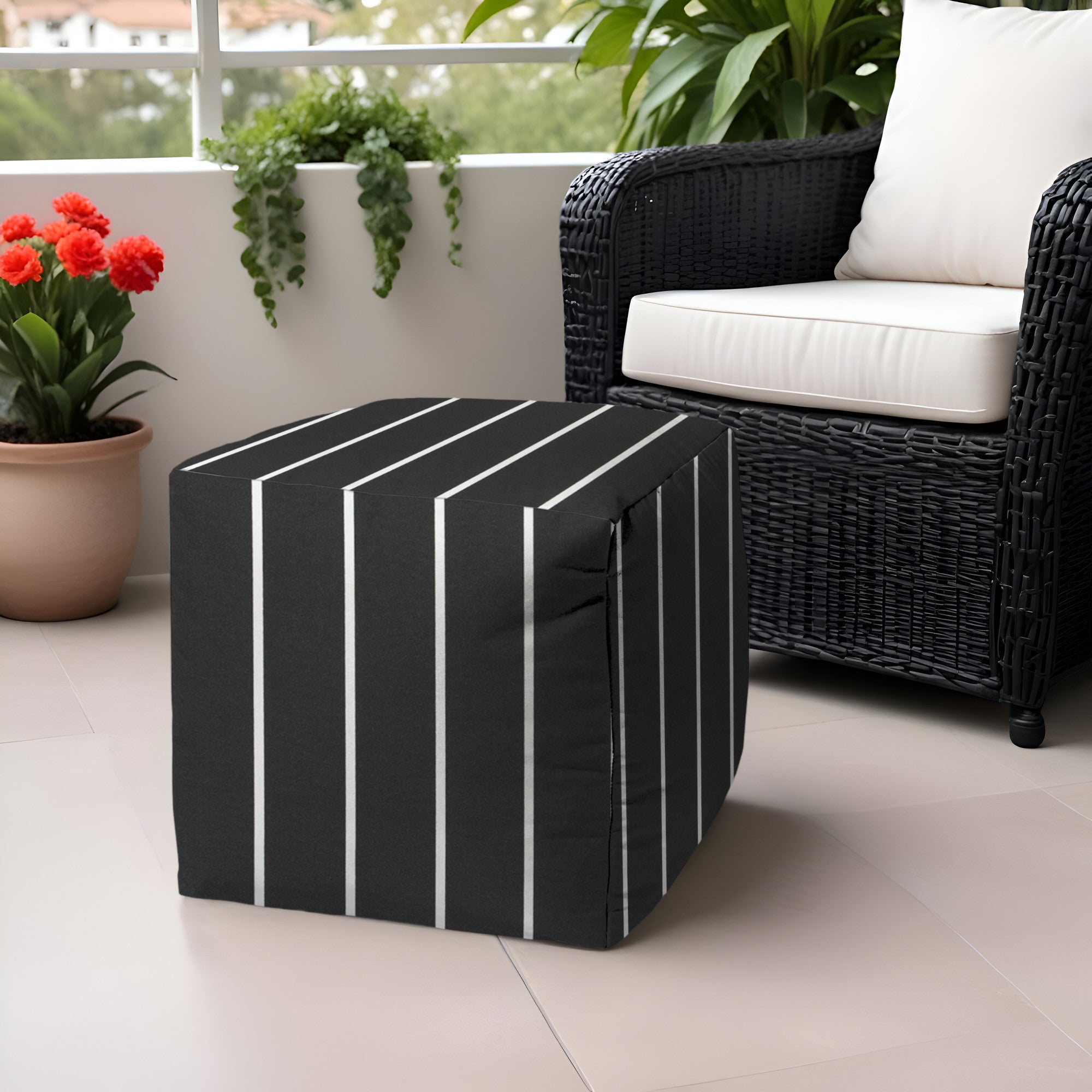 17" Gray Polyester Cube Striped Indoor Outdoor Pouf Ottoman