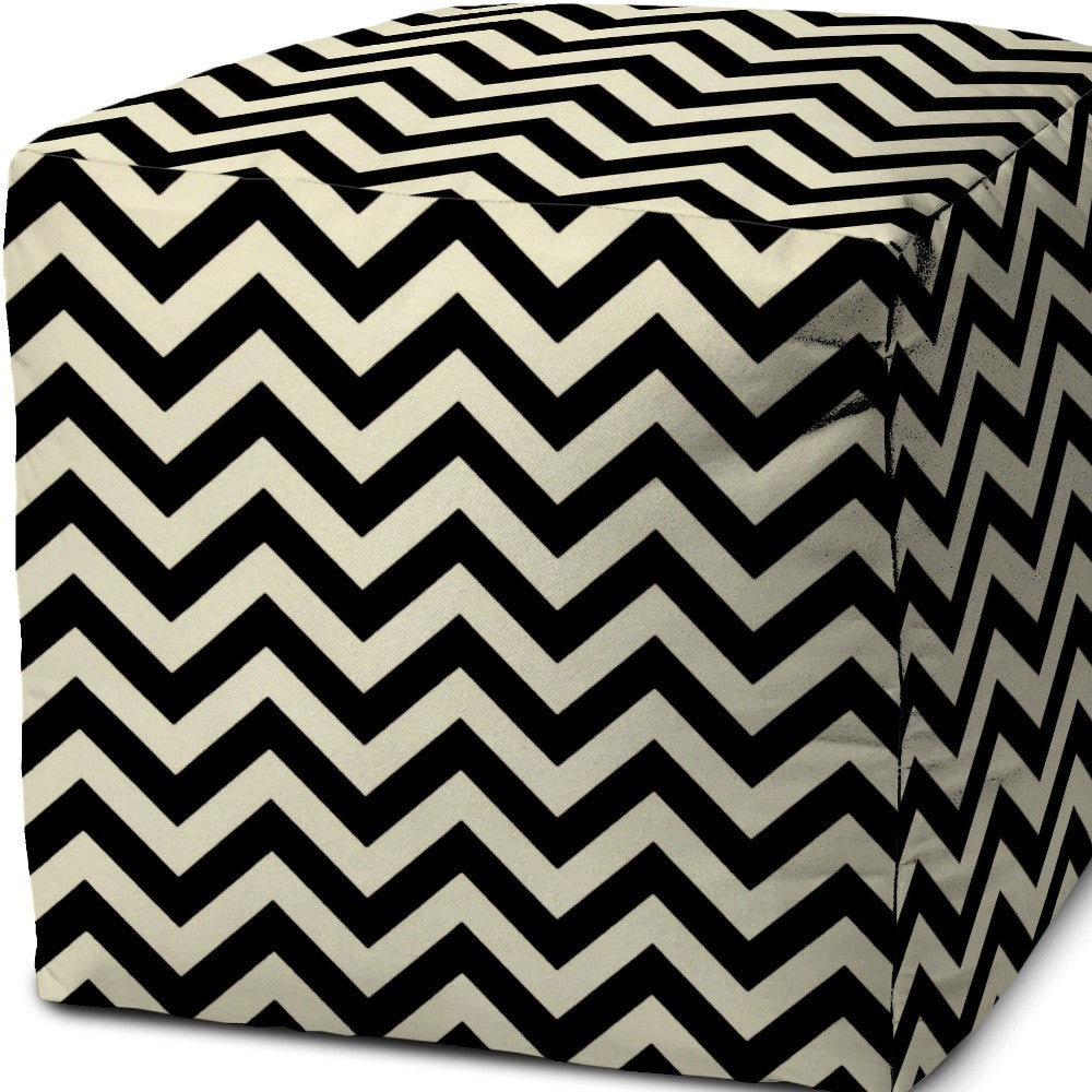 17" Black And White Polyester Cube Chevron Indoor Outdoor Pouf Ottoman