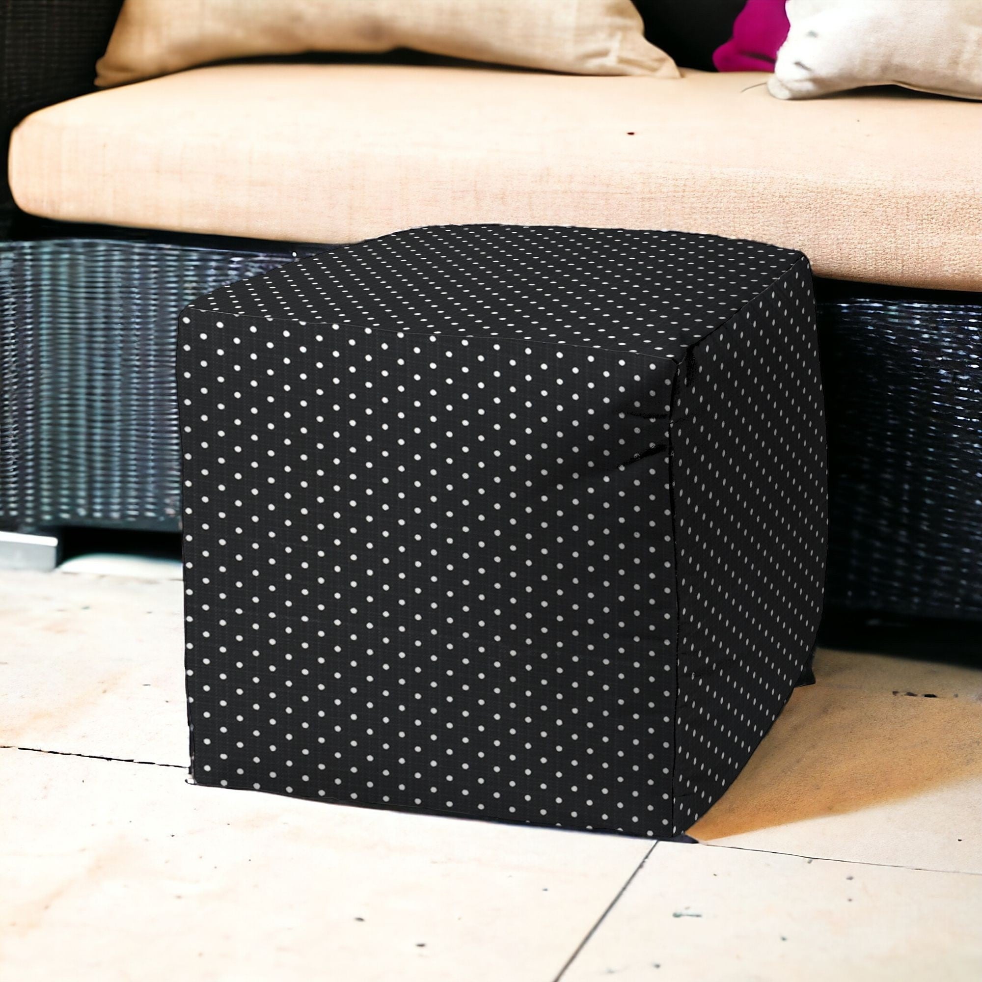 17" Black And White Cube Polka Dots Indoor Outdoor Pouf Cover