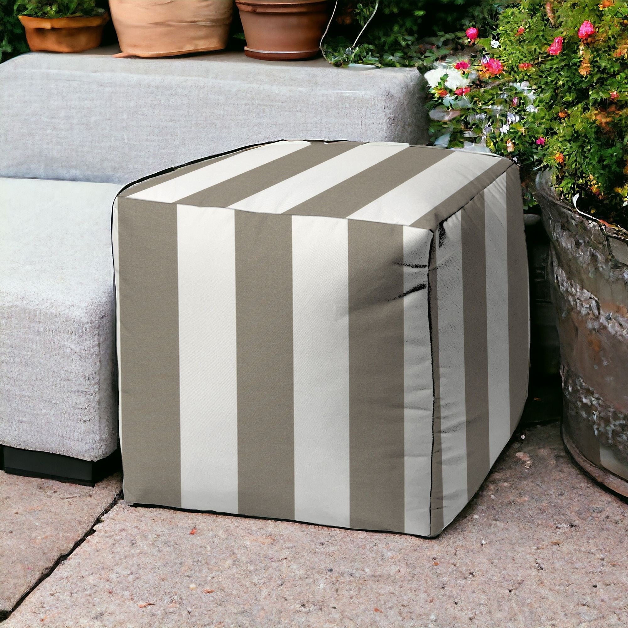 17" Taupe Cube Striped Indoor Outdoor Pouf Cover