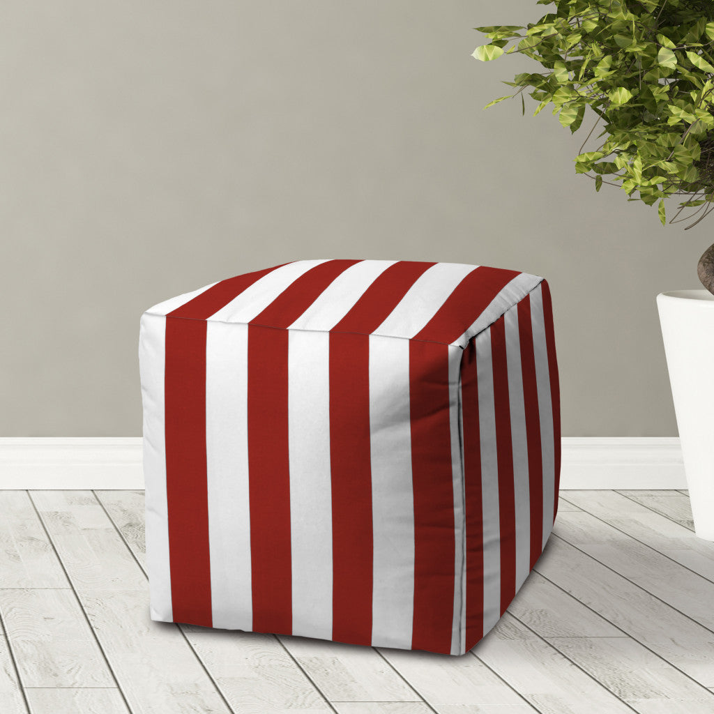 17" Red And White Cube Striped Indoor Outdoor Pouf Cover